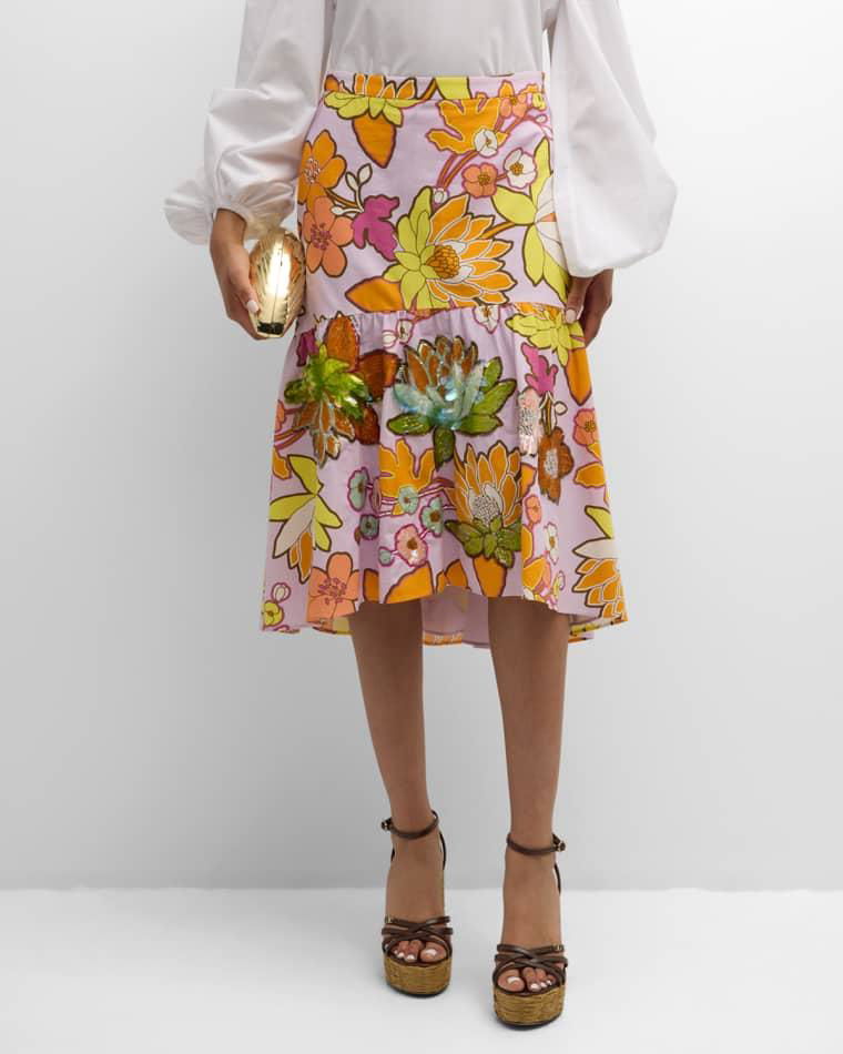 Kehlani Sequin Floral-Print Midi Skirt by UNGARO