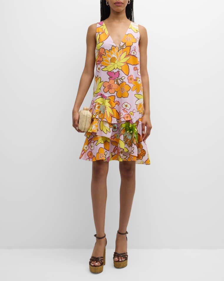 Sleeveless Floral-Print Ruffle Dress by UNGARO
