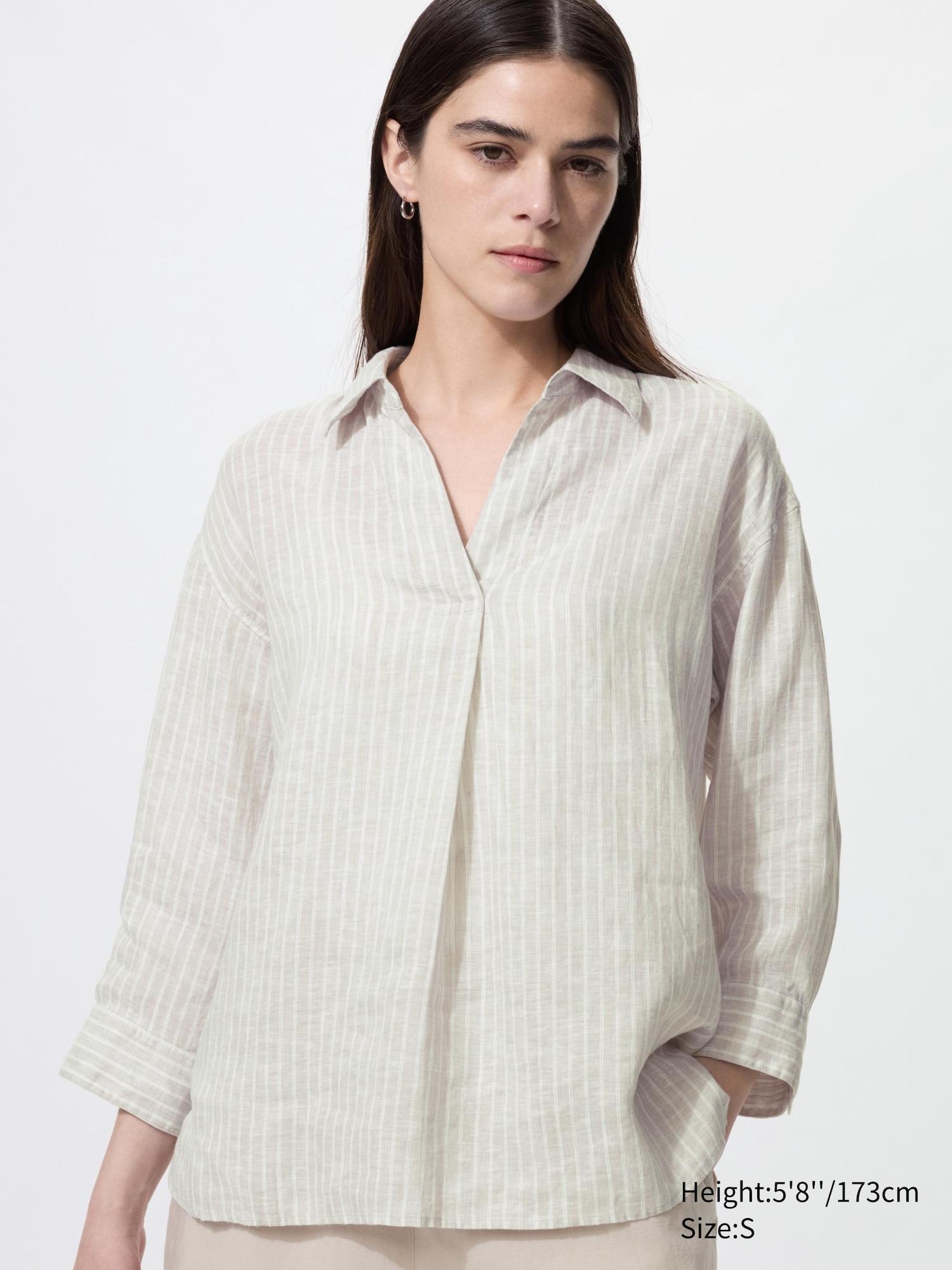 Premium Linen Skipper Collar 3/4 Sleeve Shirt | Striped by UNIQLO