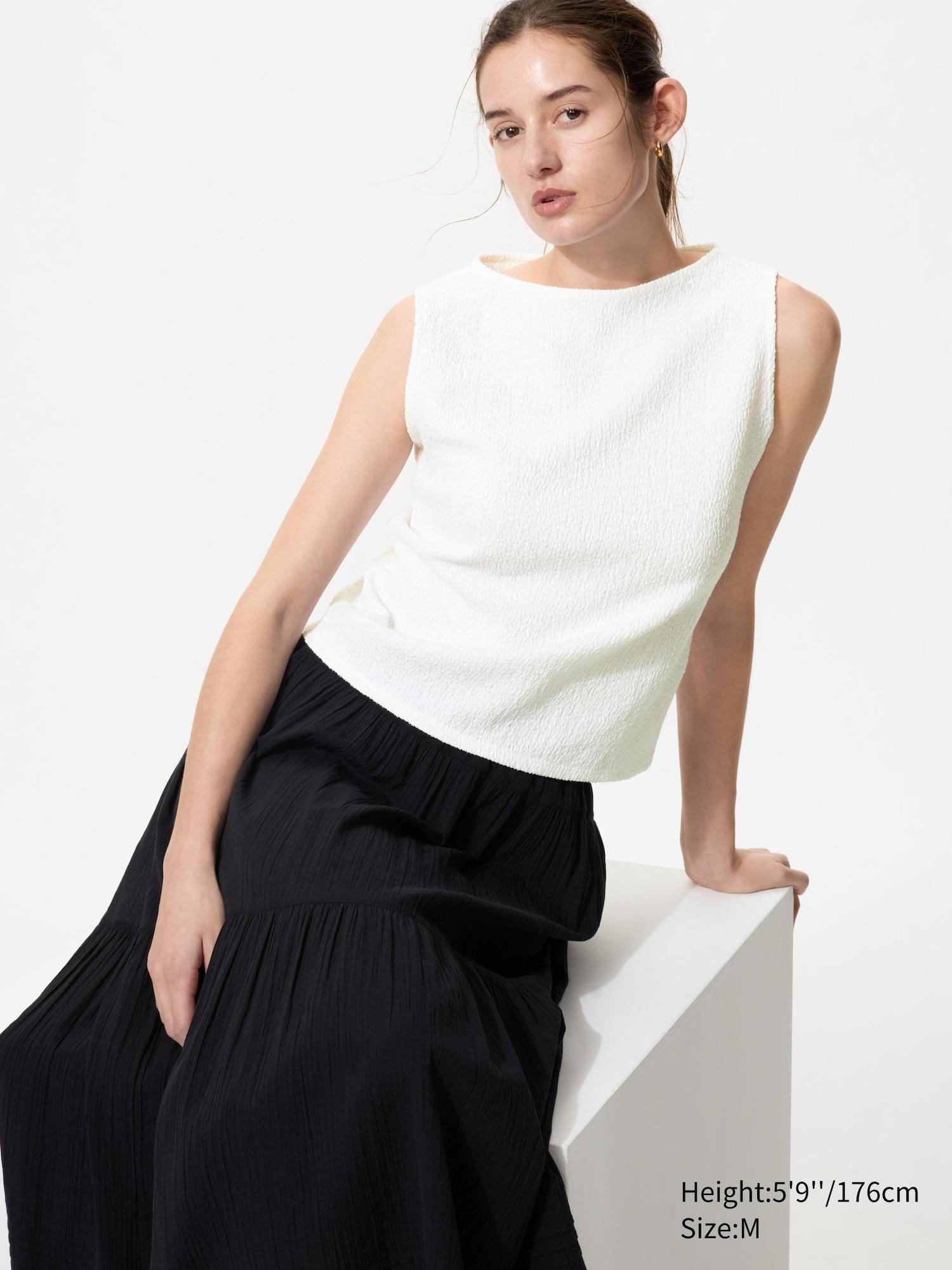 Shirring Boat Neck Sleeveless T-Shirt by UNIQLO