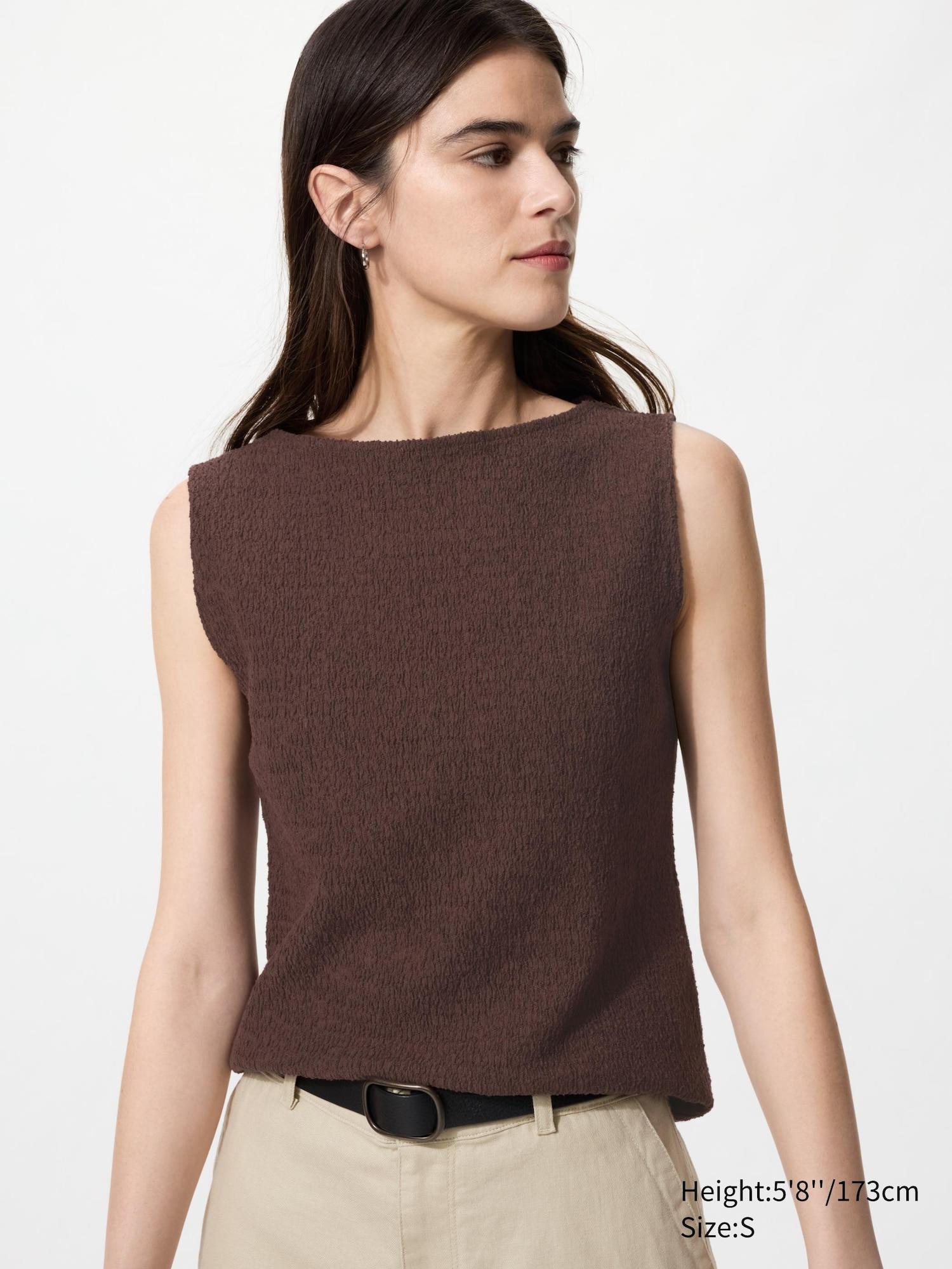 Shirring Boat Neck Sleeveless T-Shirt by UNIQLO