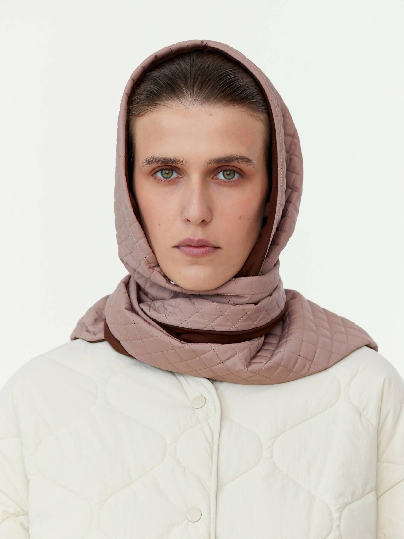 Puffer Quilted Headscarf in Beige by UNU CLOTHING