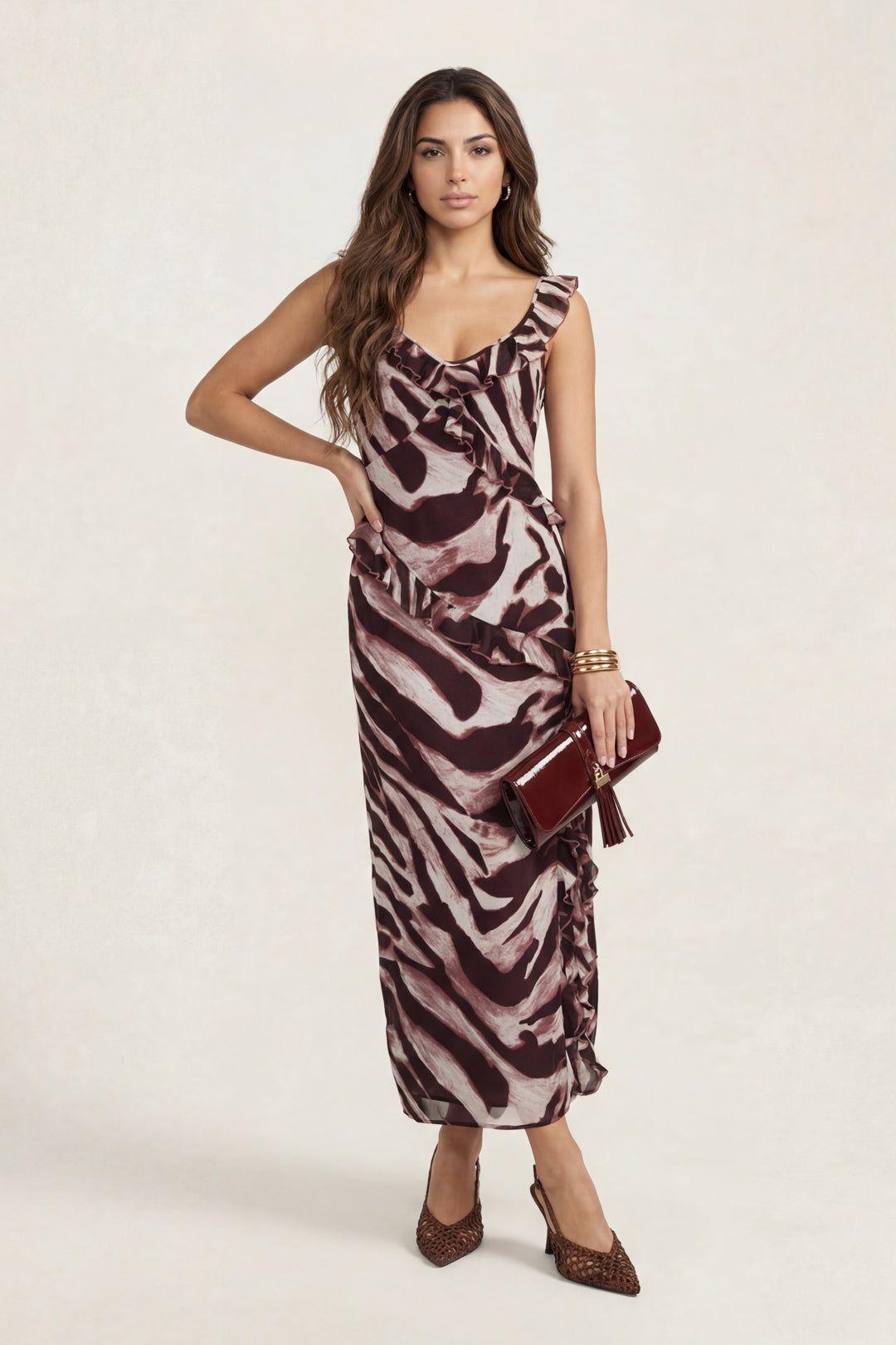 Animal Ruffle Maxi Dress Burgundy by URBAN BLISS