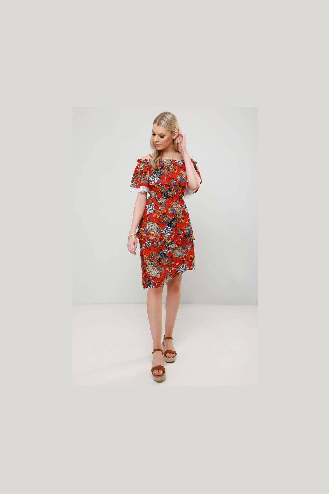 Anita Paisley Asymmetric Ruffle Midi Dress by URBAN BLISS