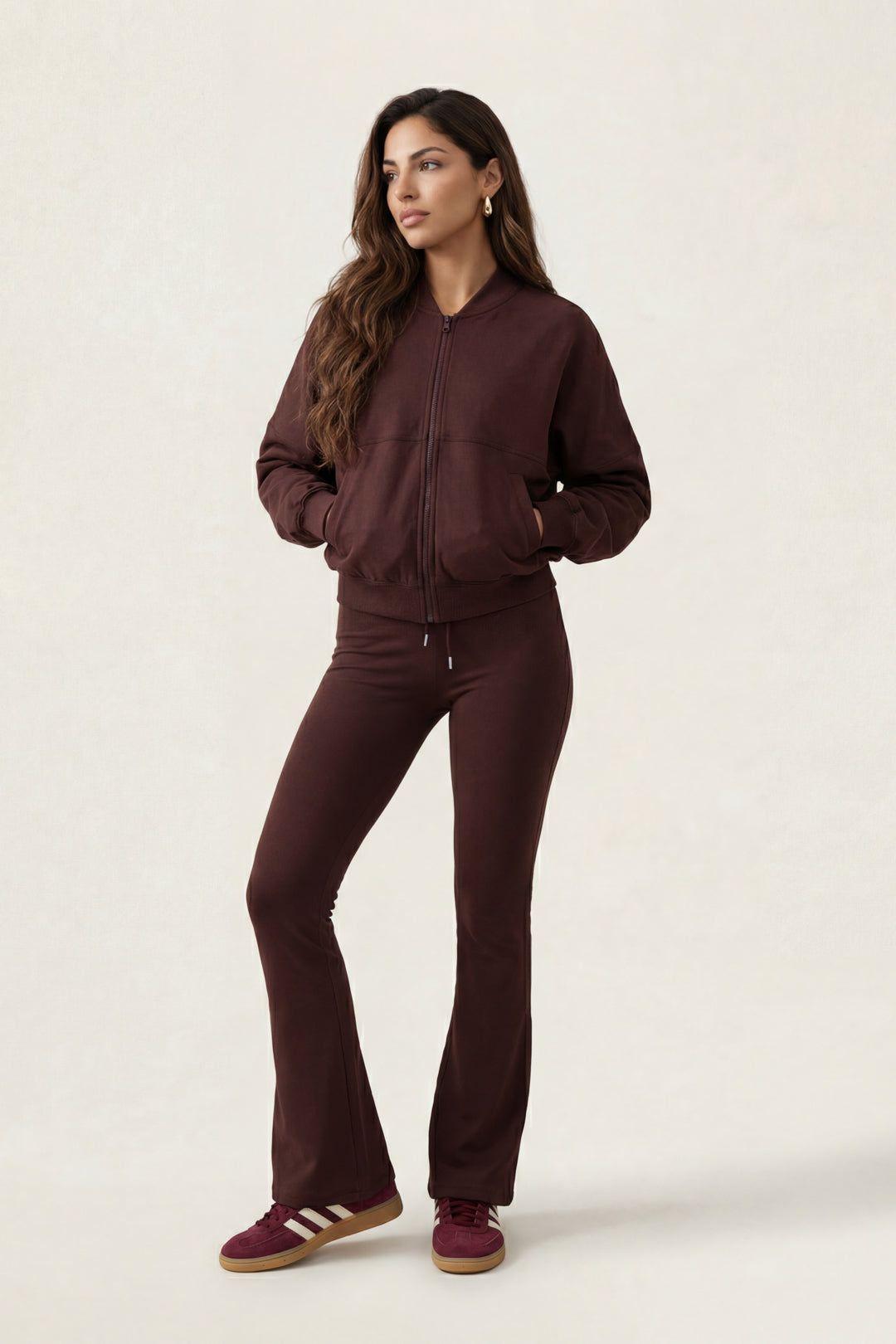 Bomber Jacket And Flare Jogger Set Chocolate by URBAN BLISS Bomber Jacket And Flare Jogger Set Chocolate by URBAN BLISS