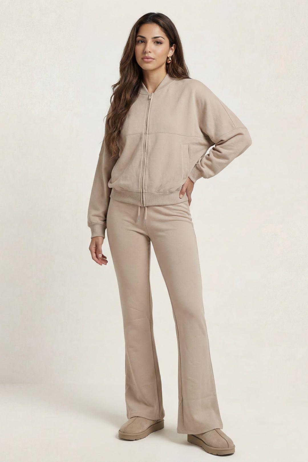 Bomber Jacket And Flare Jogger Set Oatmeal by URBAN BLISS Bomber Jacket And Flare Jogger Set Oatmeal by URBAN BLISS