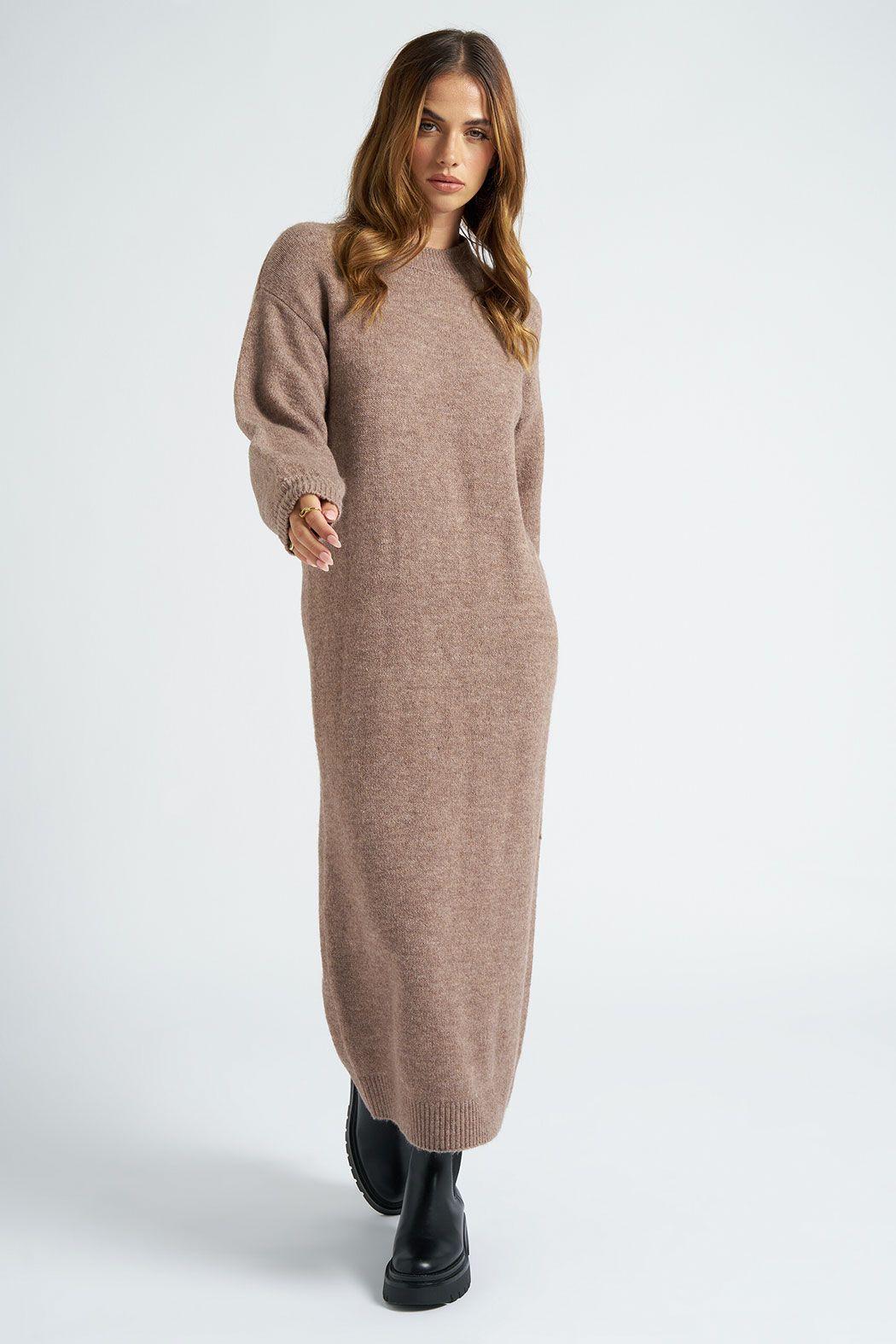 Brown Crew Neck Long Dress by URBAN BLISS