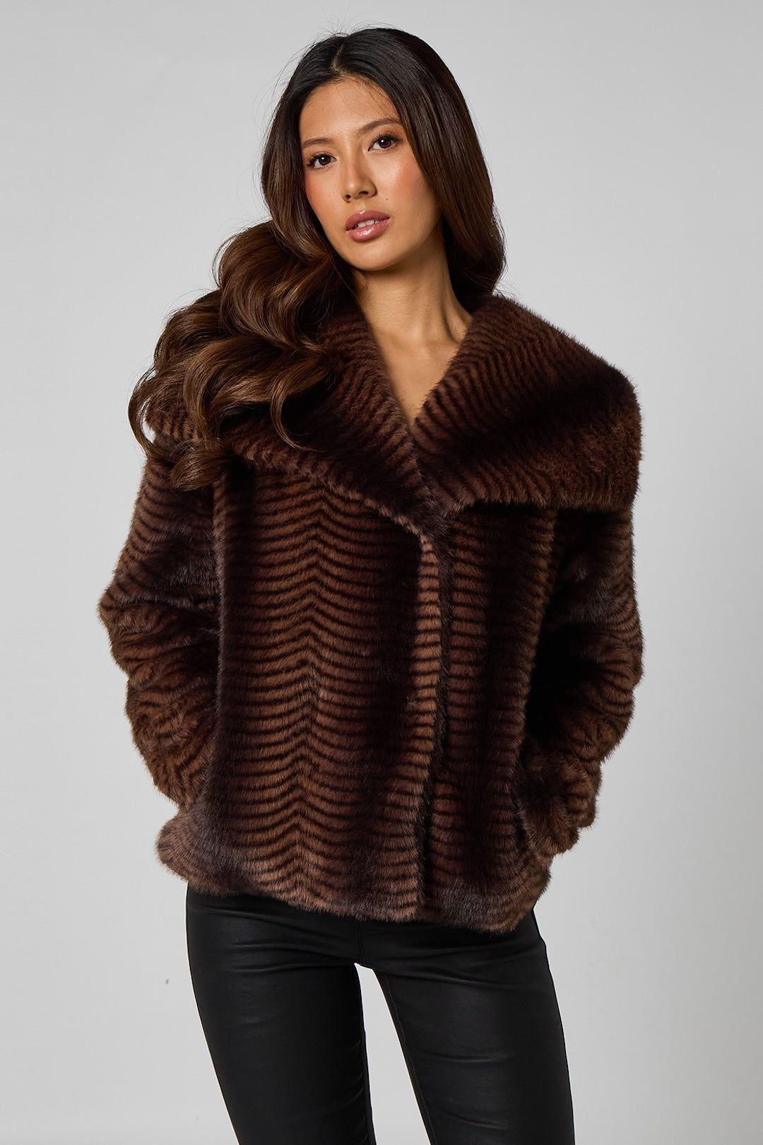 Brown Pattern Stripe Faux Fur Jacket by URBAN BLISS