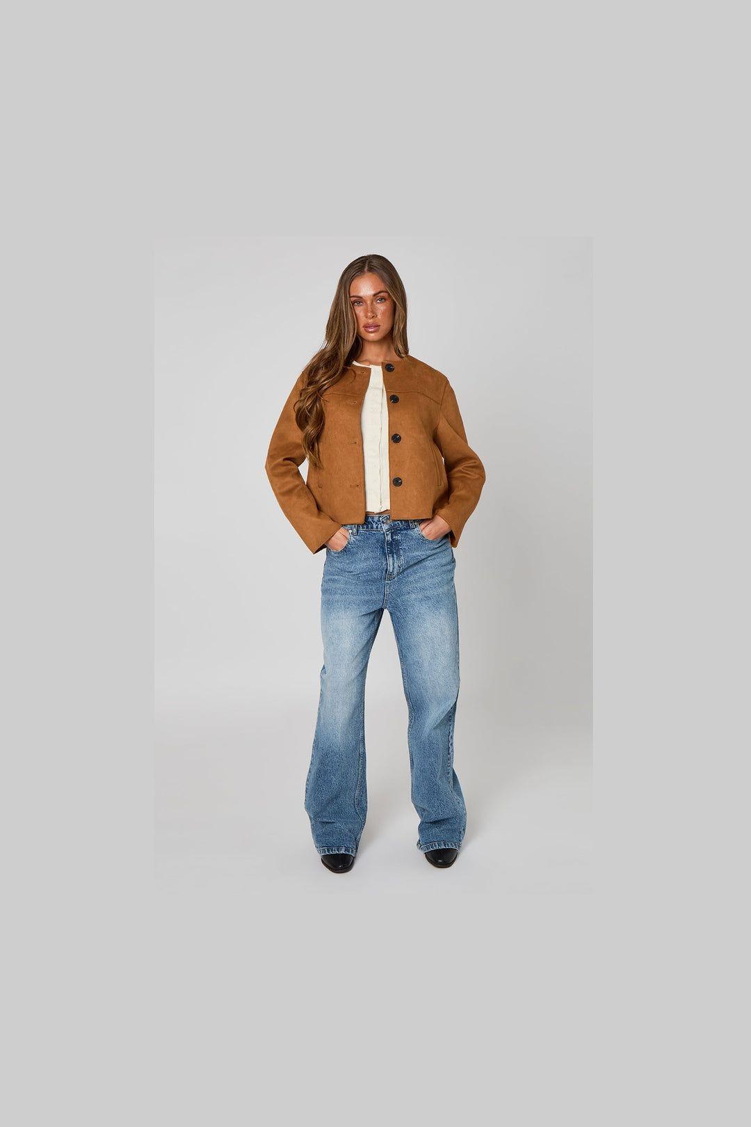 Cropped Suede Button Front Jacket by URBAN BLISS