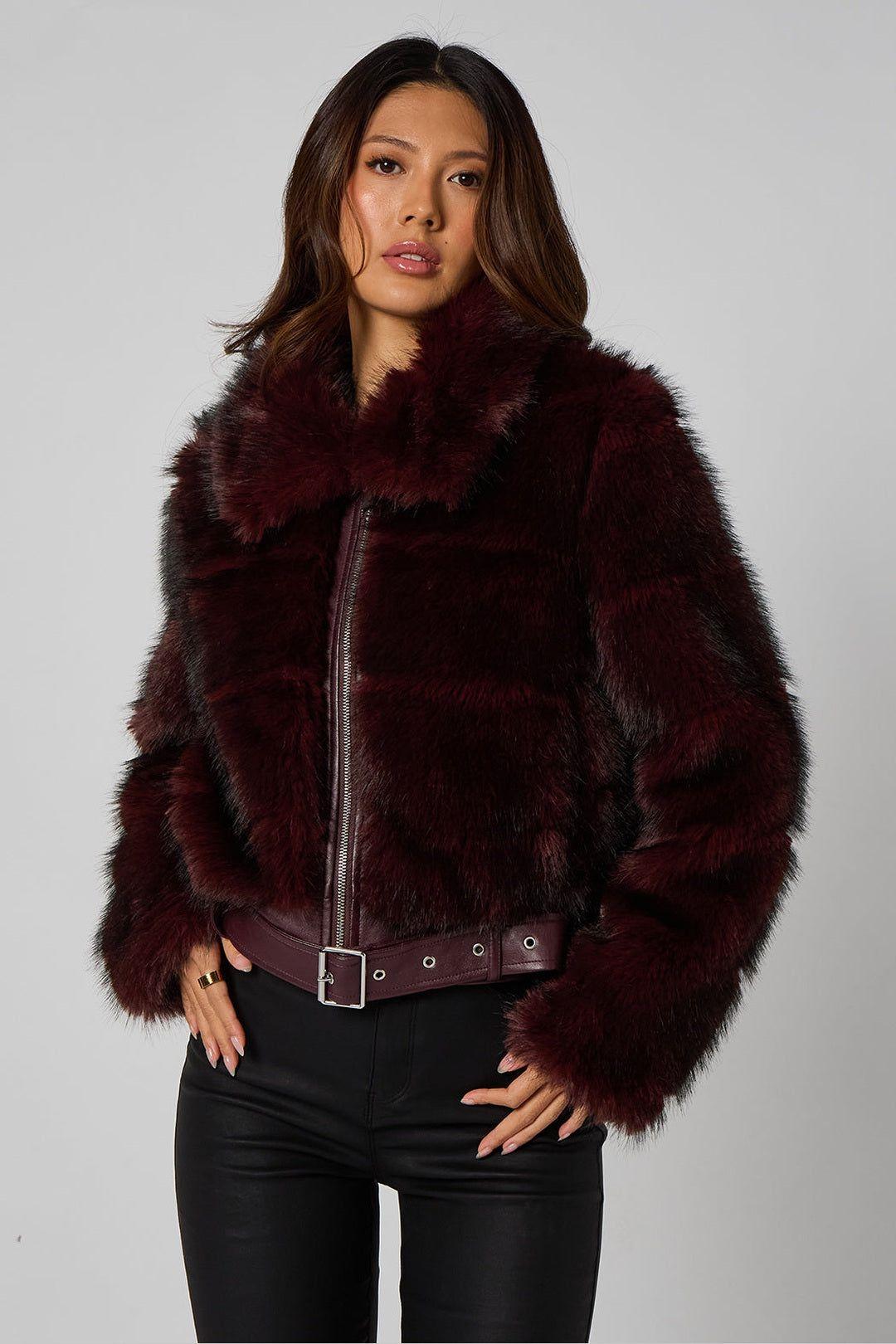 Cut Fur Belted Bomber Jacket by URBAN BLISS