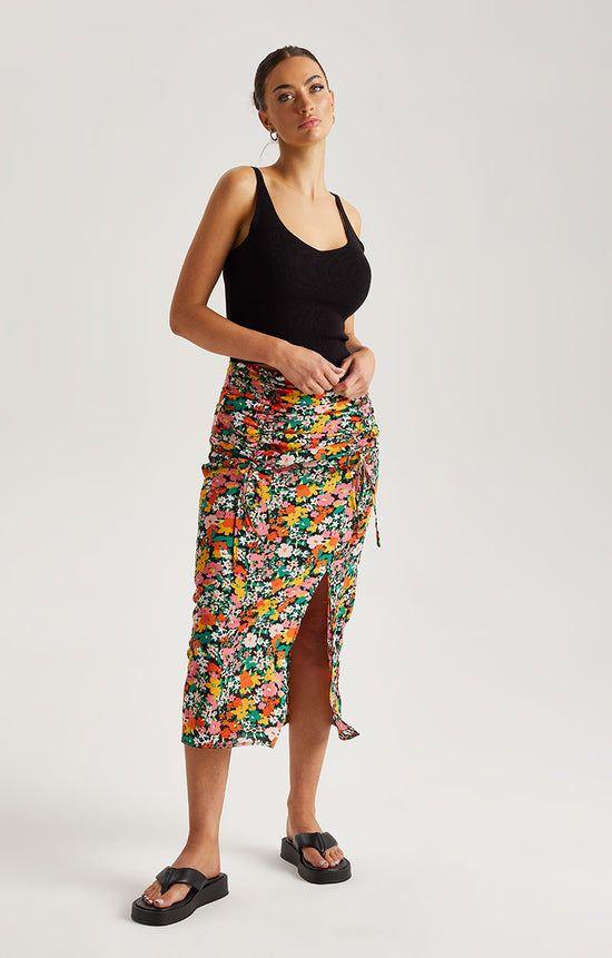 Floral Ruched Midi Skirt by URBAN BLISS