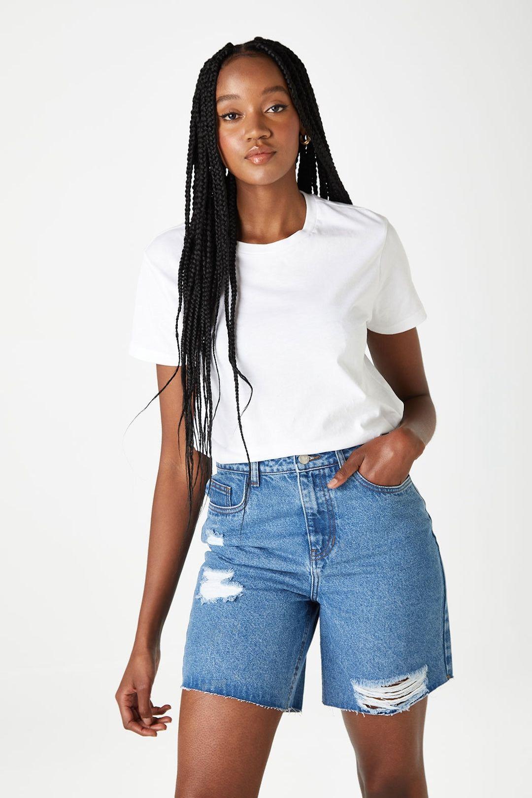 Florence Blue High Waisted Ripped Longline Short by URBAN BLISS