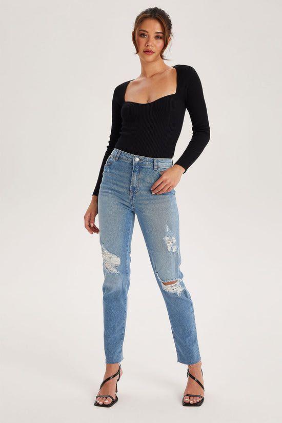 Fox Blue High Rise Slim Ripped Jean by URBAN BLISS