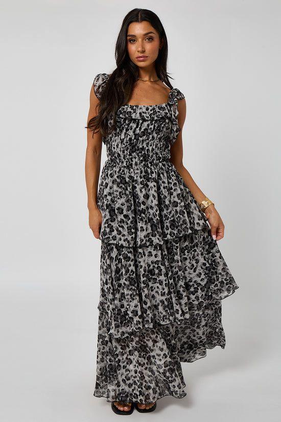 Grey Leopard Tiered Midaxi Dress with Ruffles by URBAN BLISS
