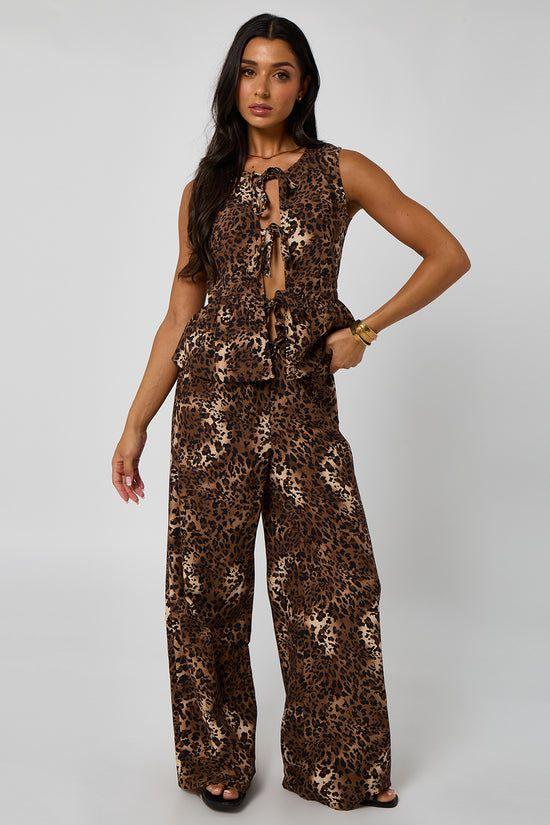 Leopard Linen-Look Elasticated Wide Leg Trouser by URBAN BLISS