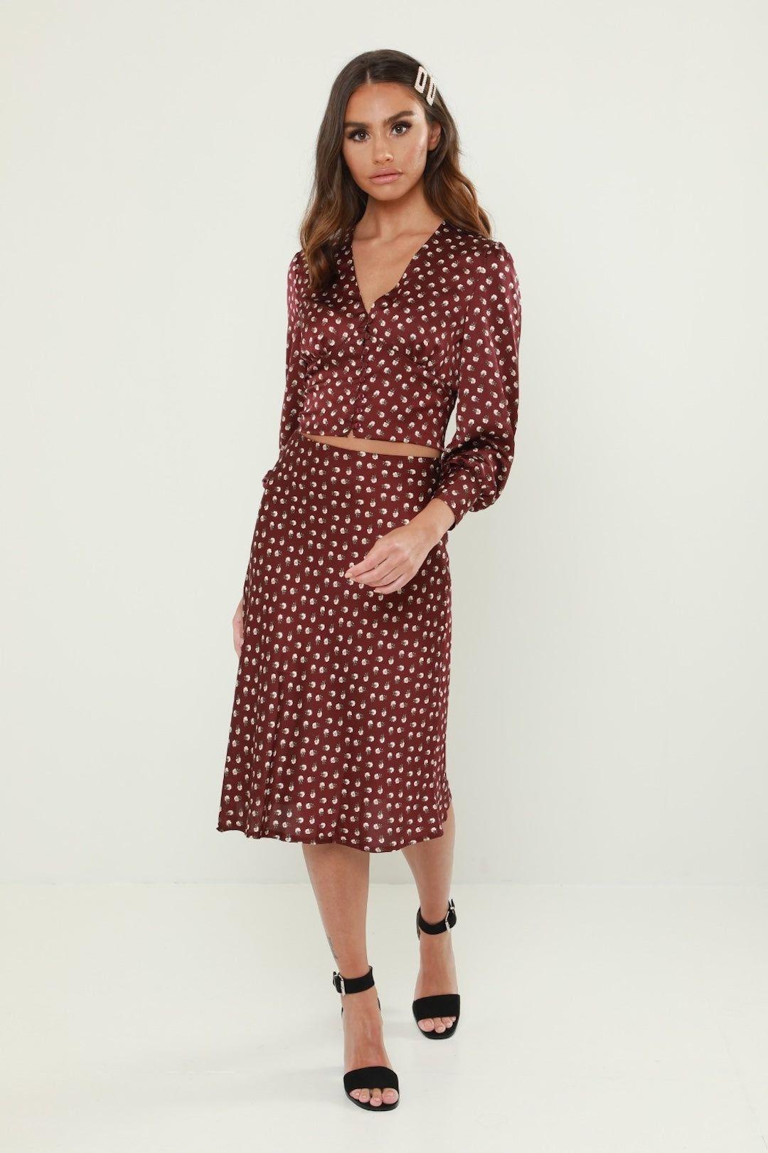 Pipa Printed Satin Midi Skirt by URBAN BLISS