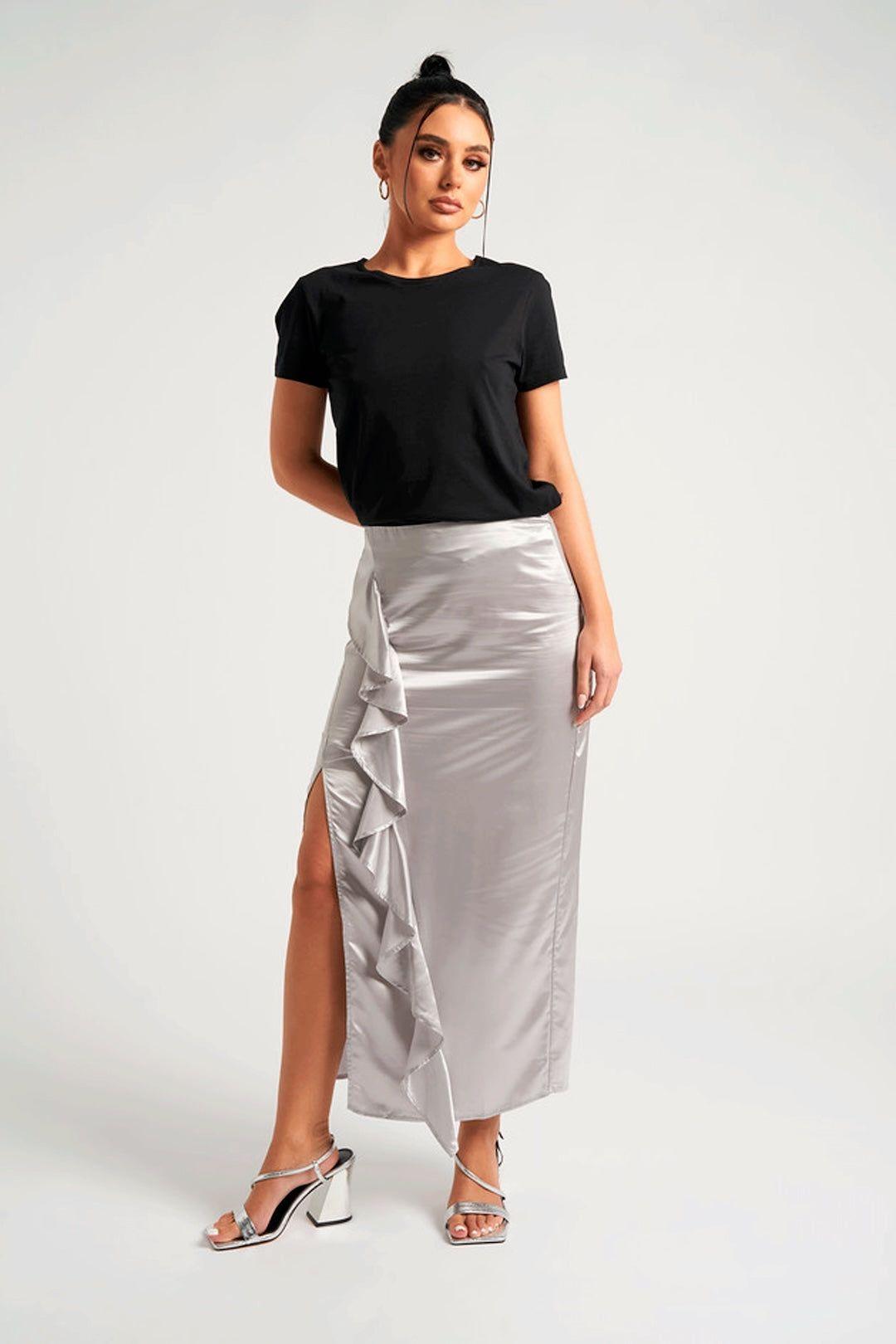 Satin Ruffle Side Split Midaxi Skirt by URBAN BLISS