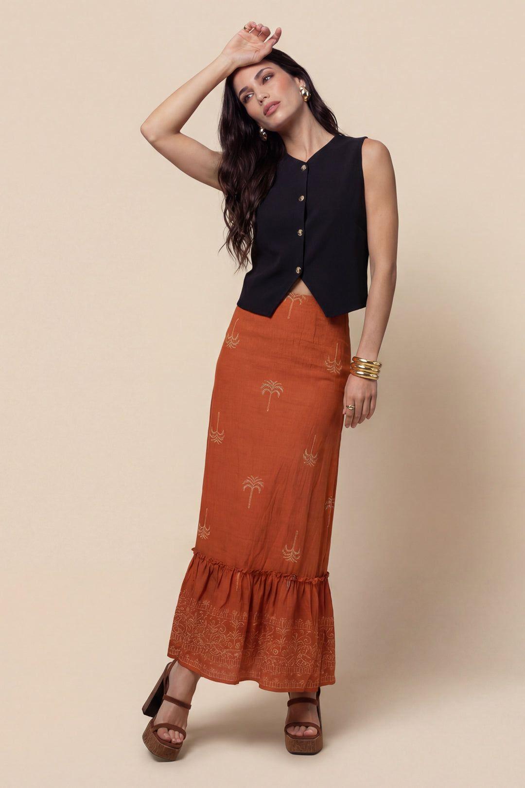 Tirered Maxi Skirt Rust Pattern by URBAN BLISS