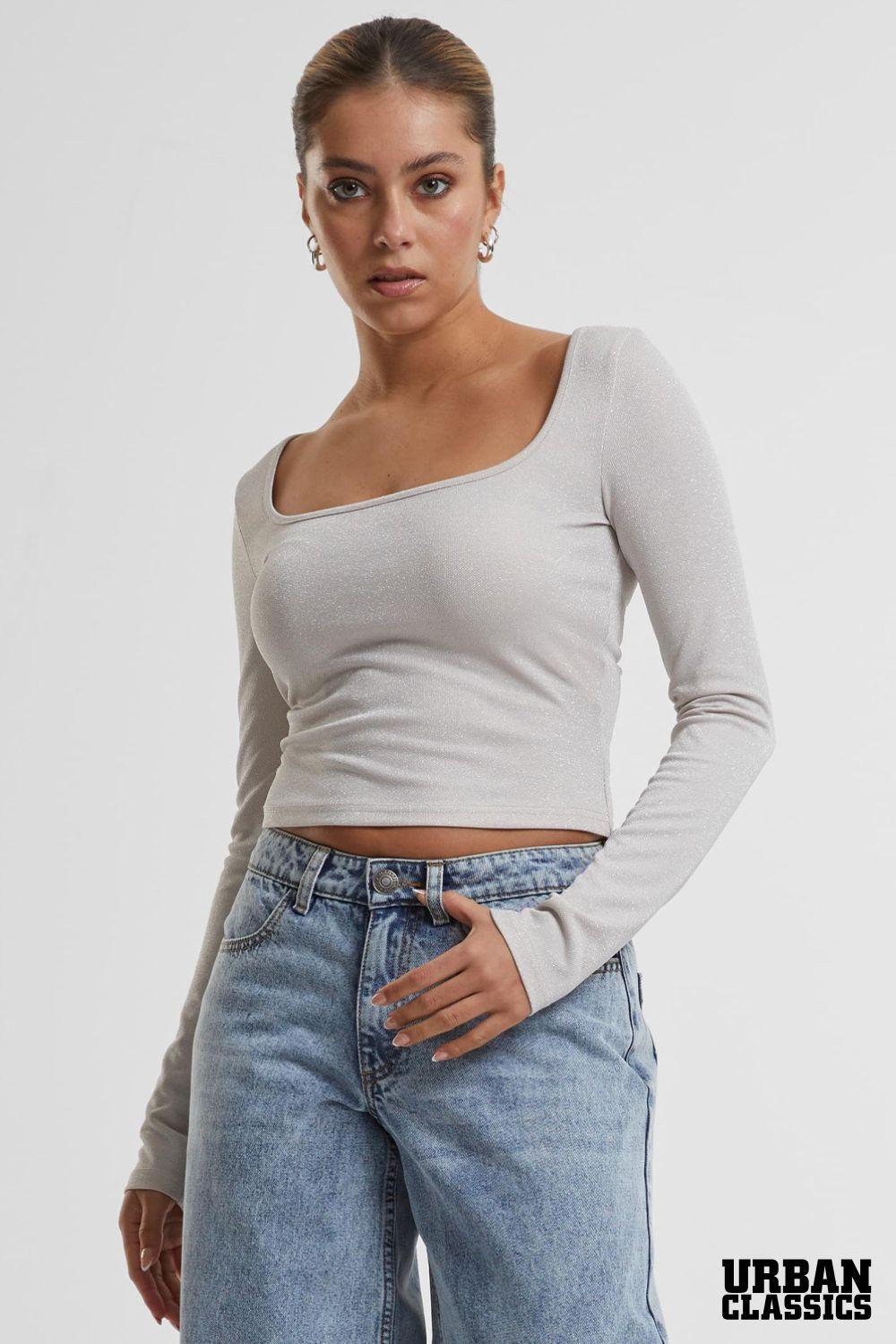 Glitter Long Sleeve Scoop Neck Cropped Top by URBAN CLASSICS
