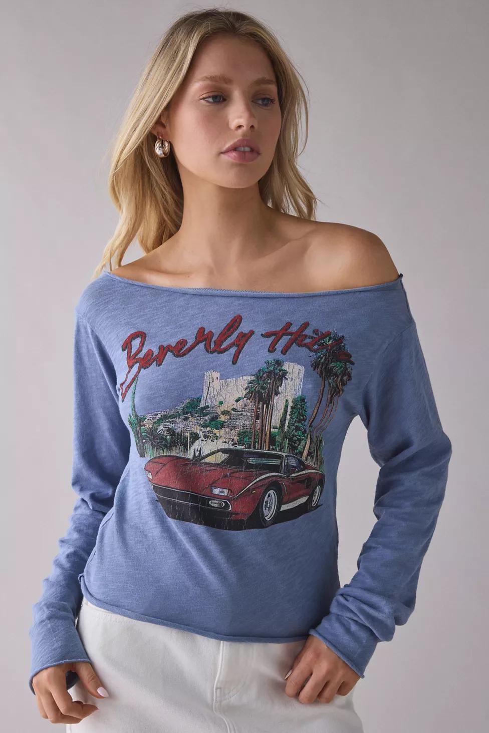 Beverly Hills Graphic Long Sleeve Off-The-Shoulder Tee by URBAN OUTFITTERS