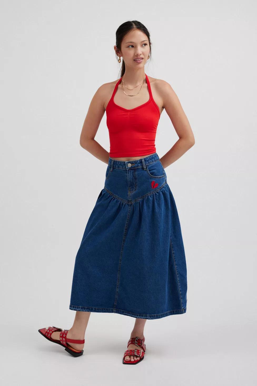 Clara Drop Waist Denim Midi Skirt by URBAN OUTFITTERS
