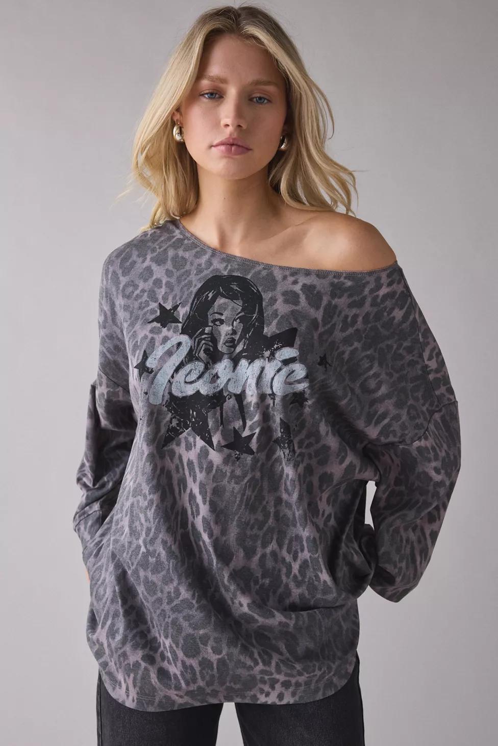 Iconic Graphic Leopard Print Oversized Off-The-Shoulder Tee by URBAN OUTFITTERS
