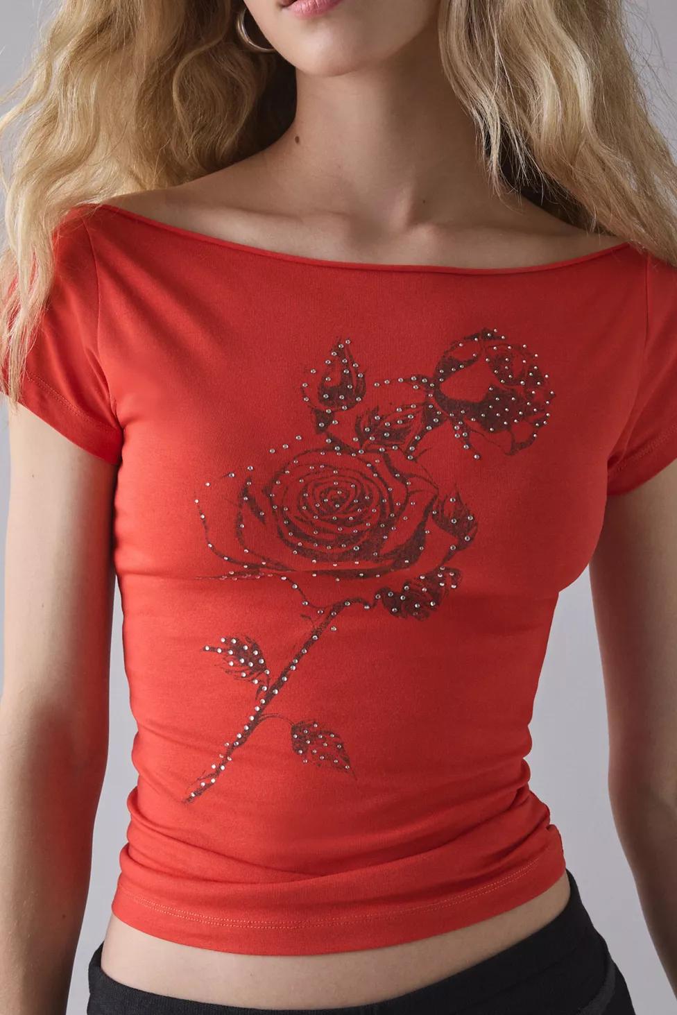Rose Rhinestone Graphic Off-The-Shoulder Slim Tee by URBAN OUTFITTERS Rose Rhinestone Graphic Off-The-Shoulder Slim Tee by URBAN OUTFITTERS