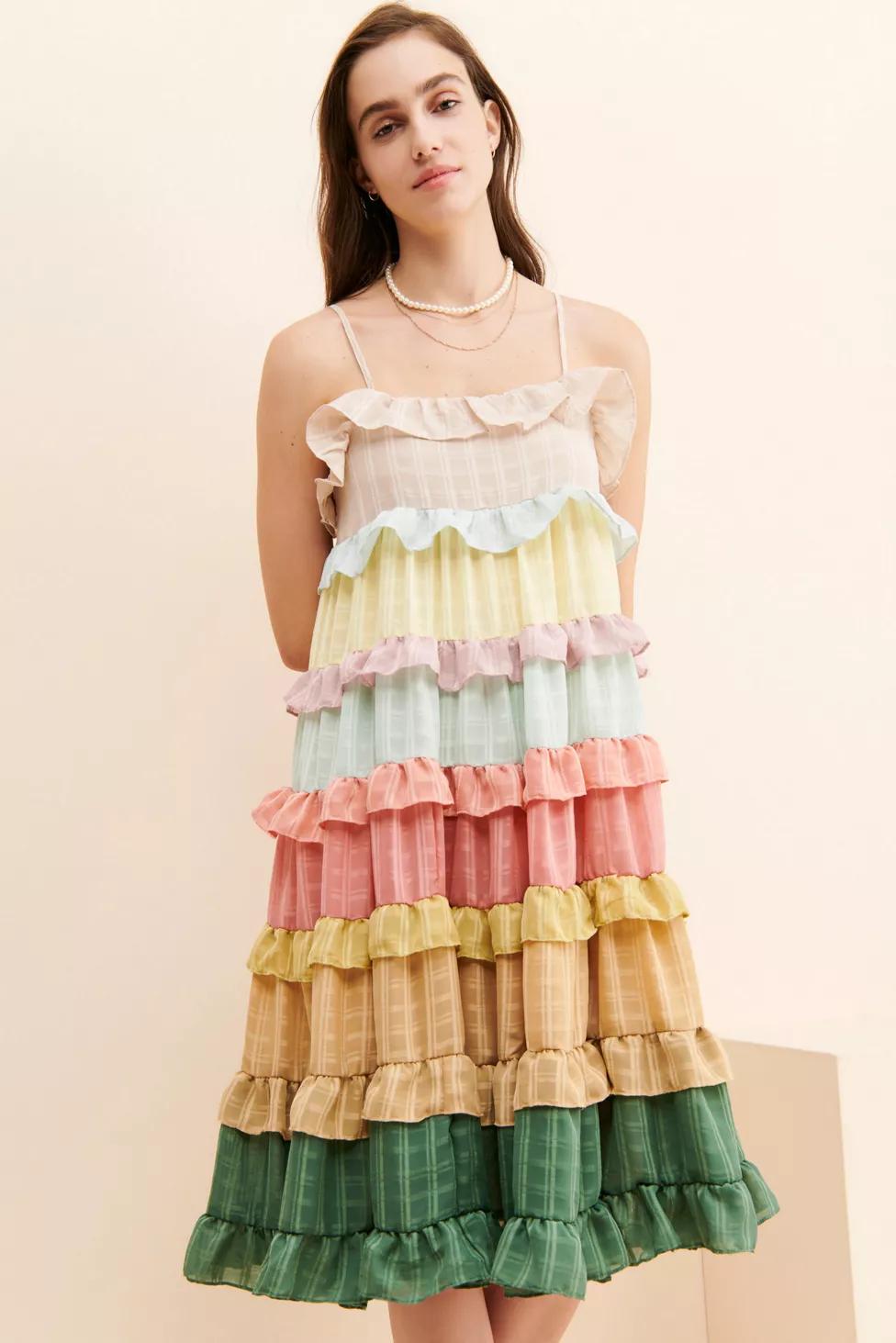 Sweet en Forme Tiered Colorblock Midi Dress by URBAN OUTFITTERS