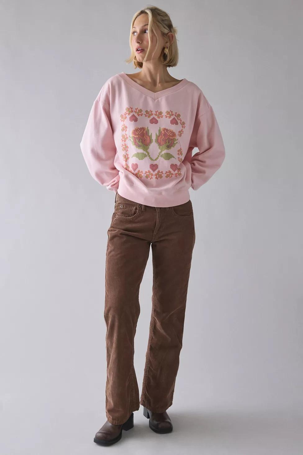 UO Cross Stitch Graphic V-Neck Pullover Sweatshirt by URBAN OUTFITTERS