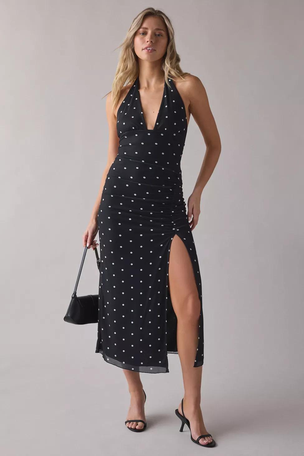 UO Deep Plunge Halter Ruched Mesh Midi Dress by URBAN OUTFITTERS