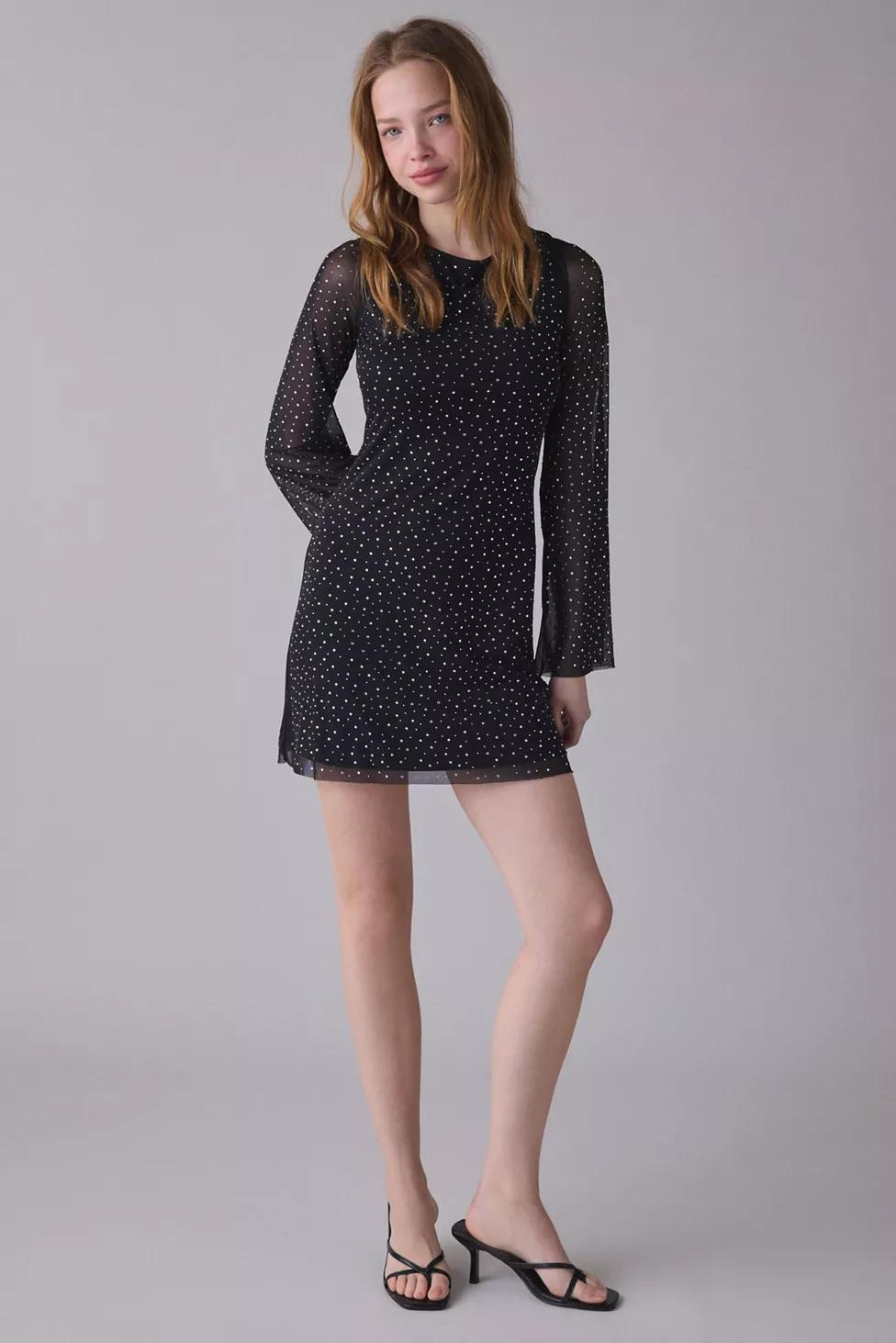 UO Disco Honey Glitter Mesh Long Sleeve Mini Dress by URBAN OUTFITTERS