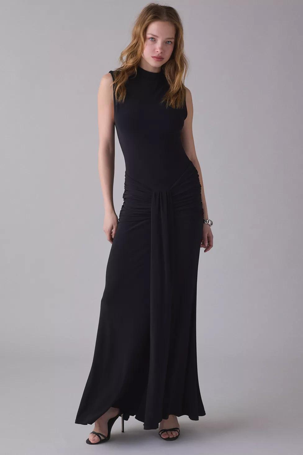 UO Elysian Ruched Tie-Detail Sleeveless Mockneck Maxi Dress by URBAN OUTFITTERS