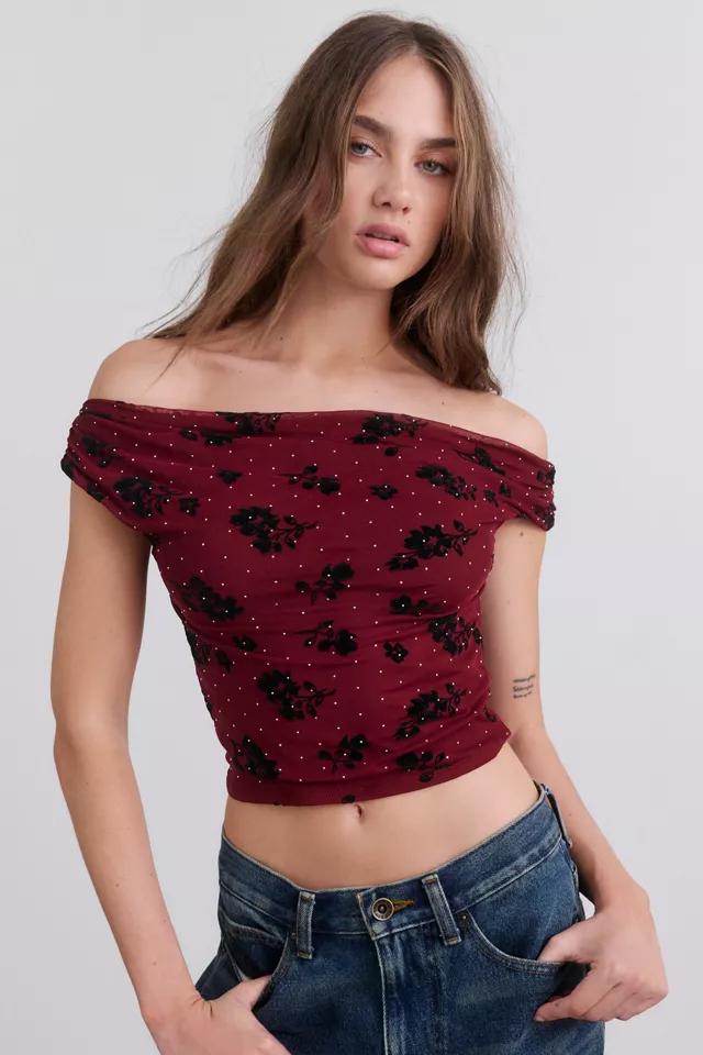 UO Fia Embellished Flocked Floral Off-The-Shoulder Crop Top by URBAN OUTFITTERS