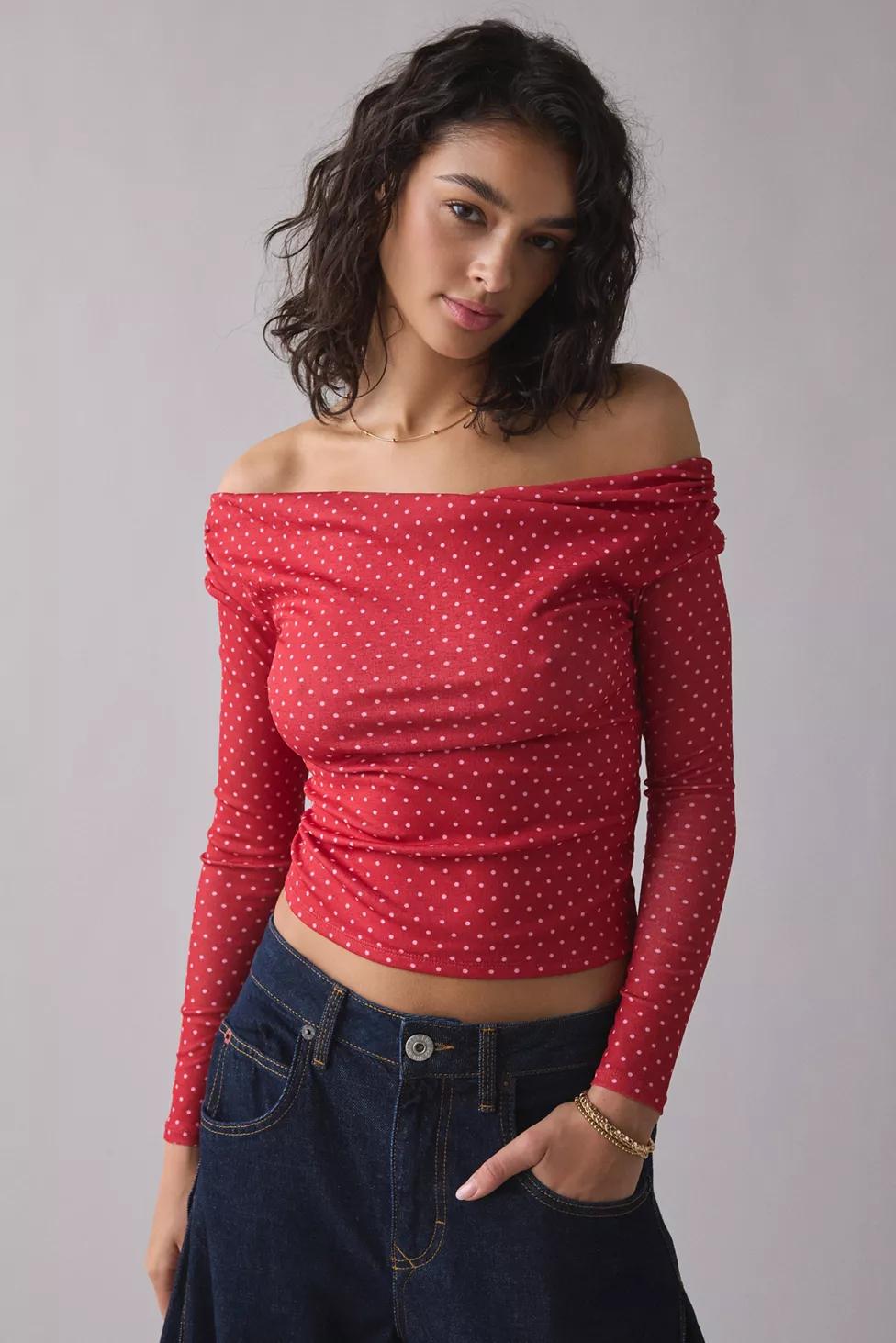 UO Fia Mesh Long Sleeve Off-The-Shoulder Crop Top by URBAN OUTFITTERS