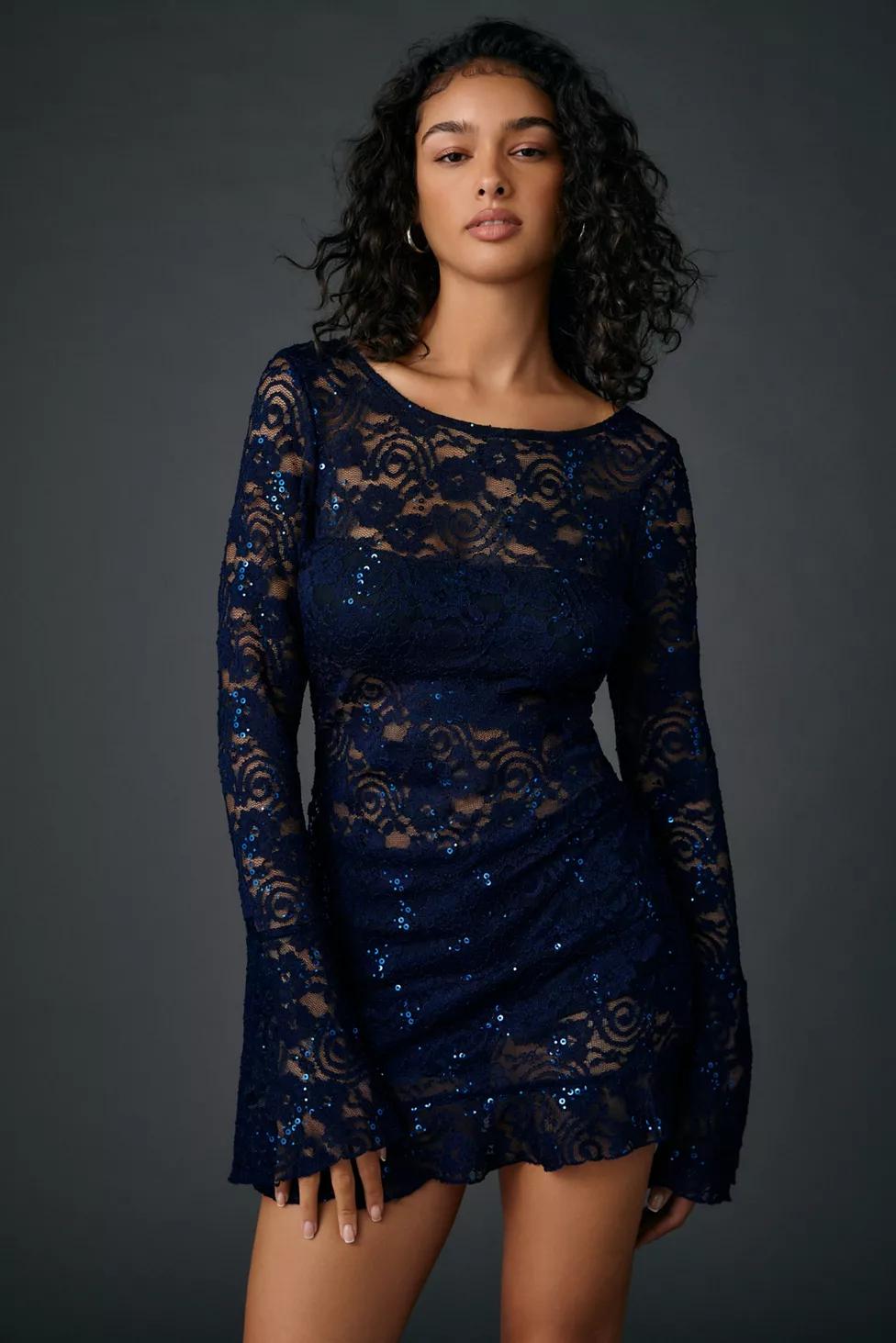 UO Let It All Sequin Embellished Lace Bell Sleeve Romper by URBAN OUTFITTERS