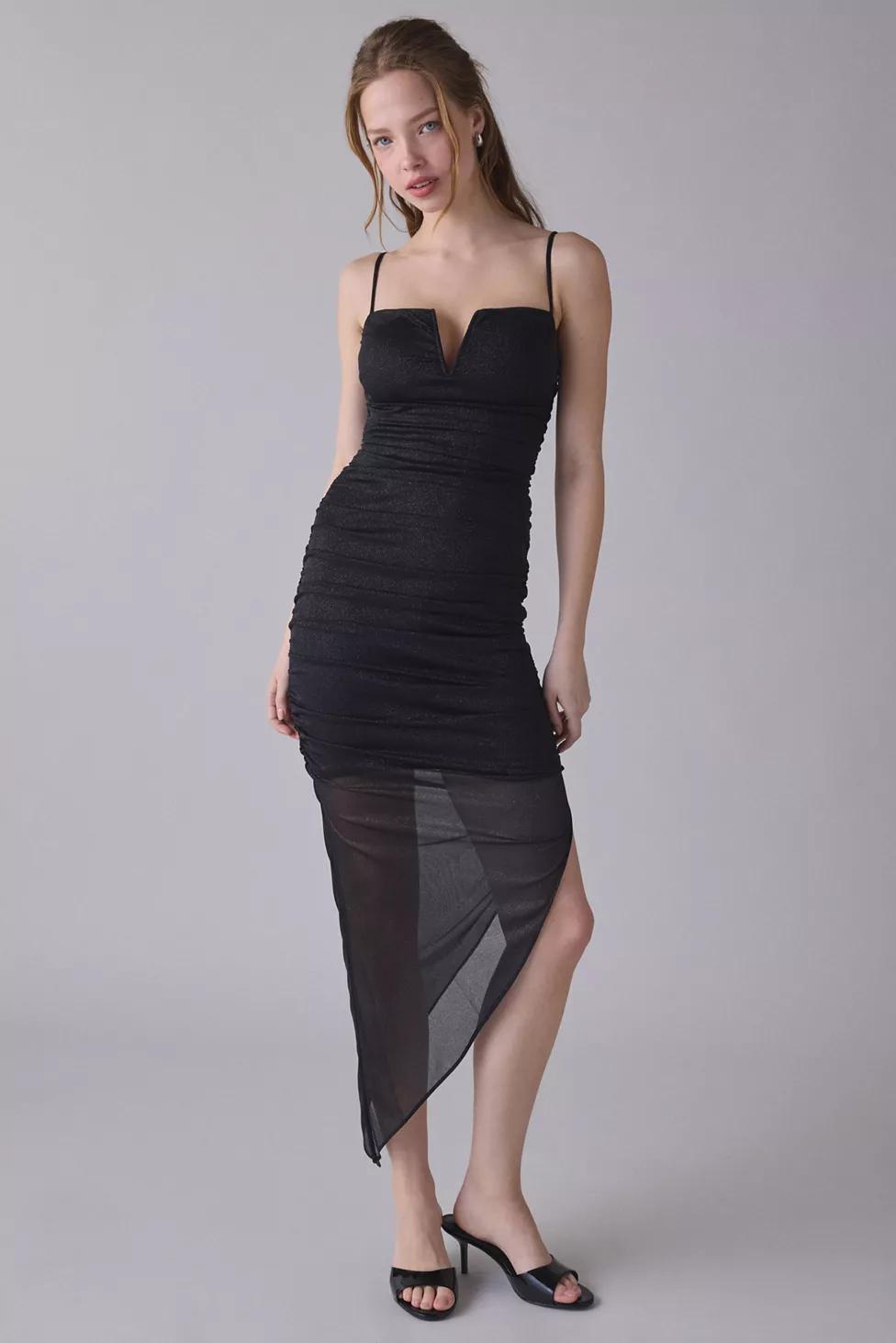UO Lumiere Sparkly Mesh Notch V-Neck Asymmetric Ruched Midi Dress by URBAN OUTFITTERS