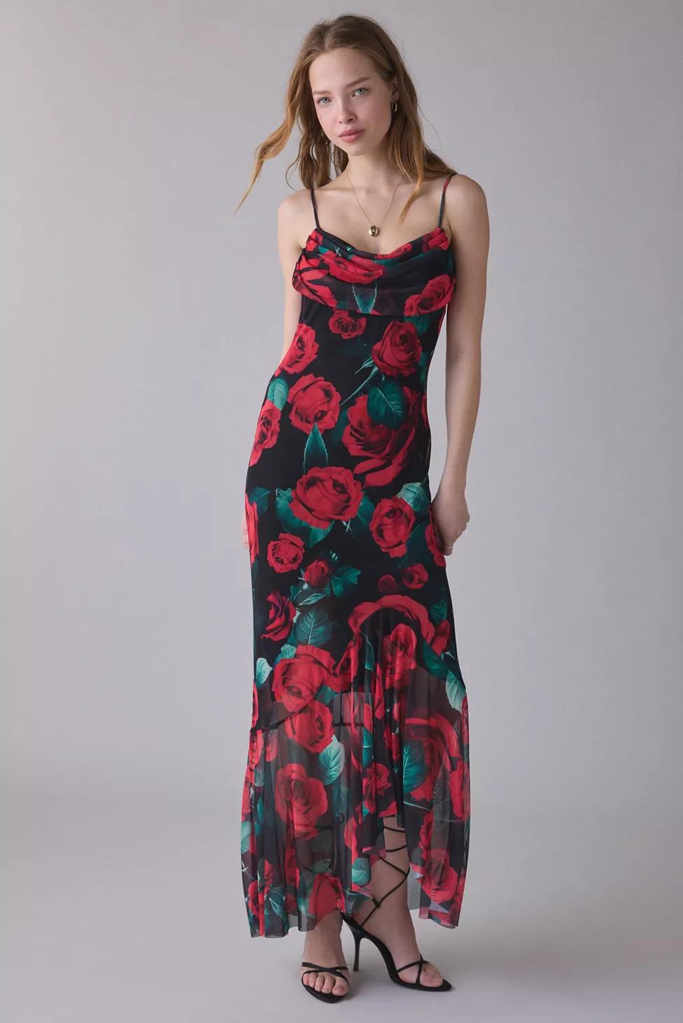 UO Magic Hour Mesh Cowl Neck High-Low Maxi Dress by URBAN OUTFITTERS