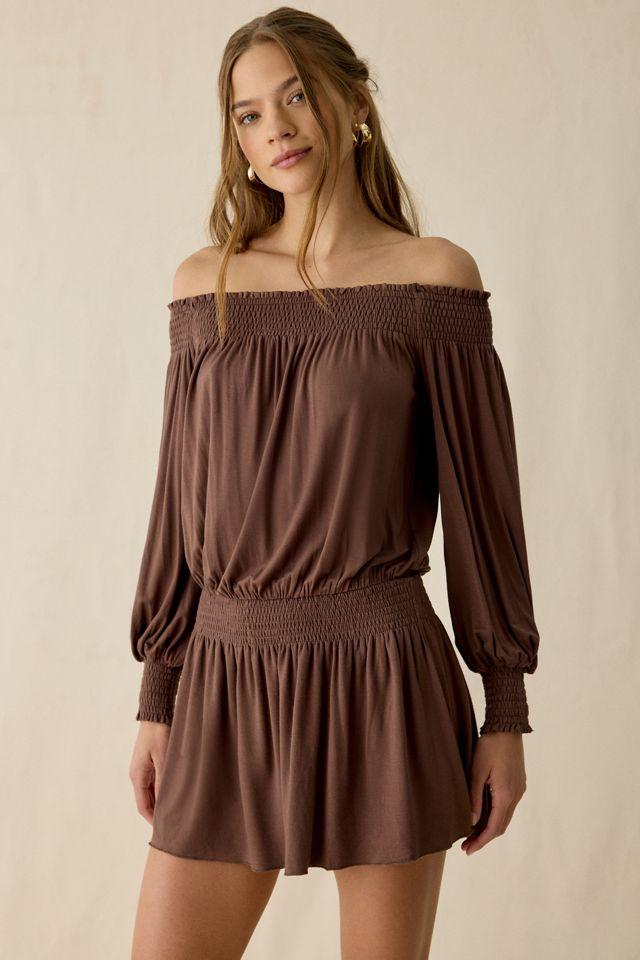 UO Night Shift Jersey Knit Off-The-Shoulder Long Sleeve Mini Dress by URBAN OUTFITTERS