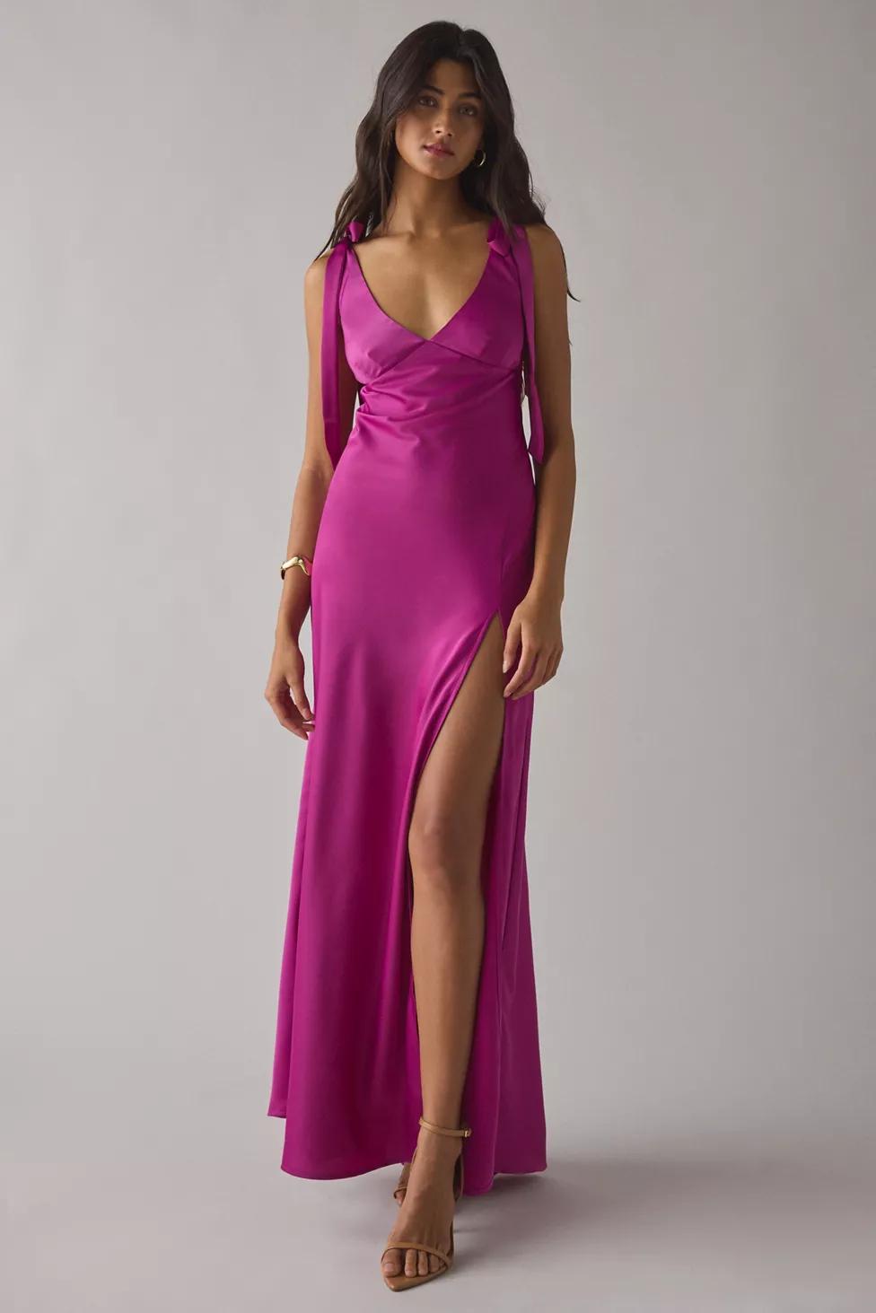 UO Night To Remember Plunging Tie-Strap Satin Maxi Dress by URBAN OUTFITTERS