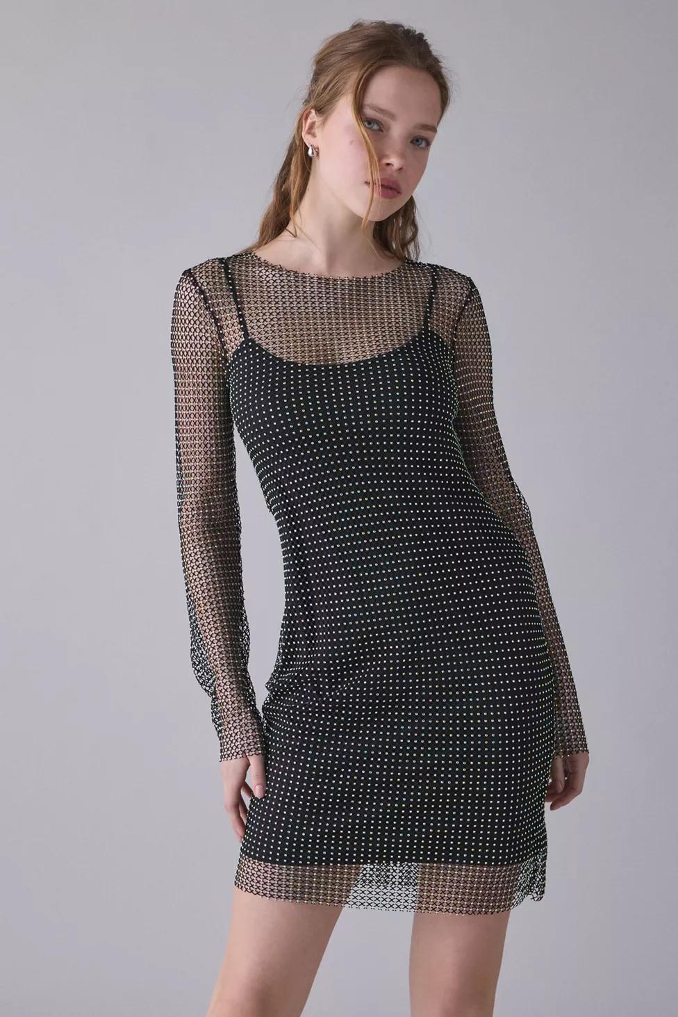 UO Obsidian Rhinestone Studded Fishnet Long Sleeve Mini Dress by URBAN OUTFITTERS