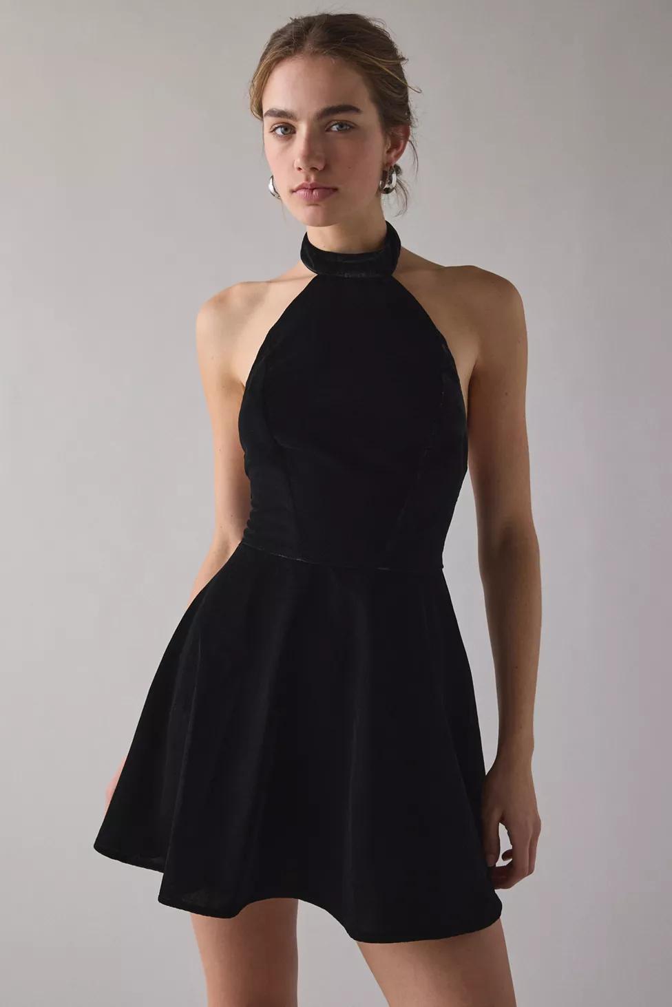 UO Past Midnight Velvet High Neck Halter Fit-And-Flare Mini Dress by URBAN OUTFITTERS