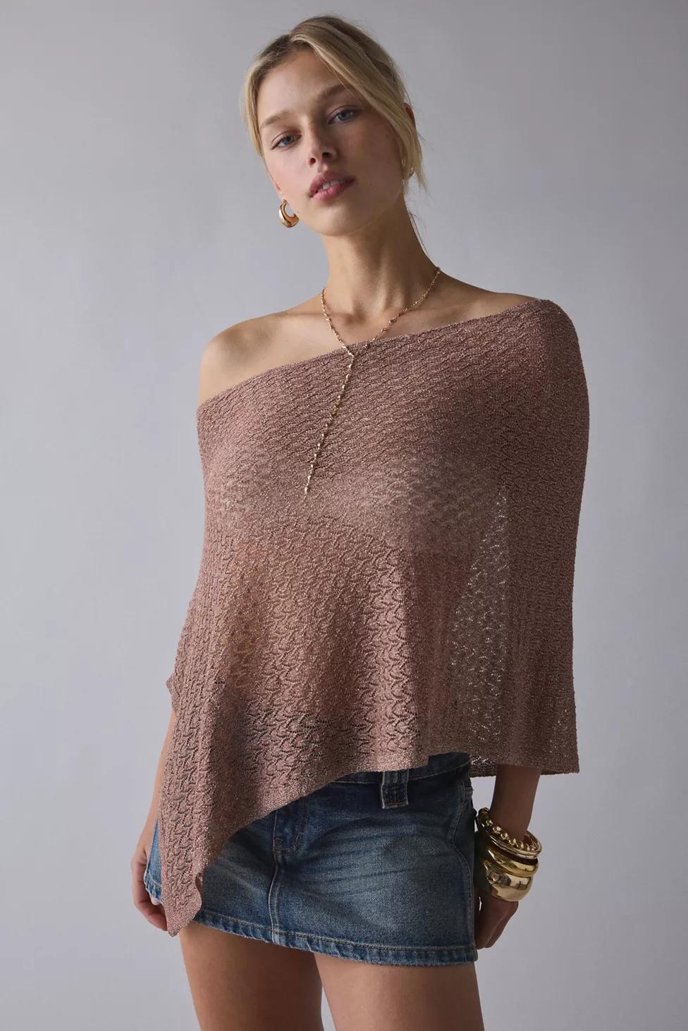 UO Patti Pointelle Asymmetric Off-Shoulder Poncho Sweater by URBAN OUTFITTERS