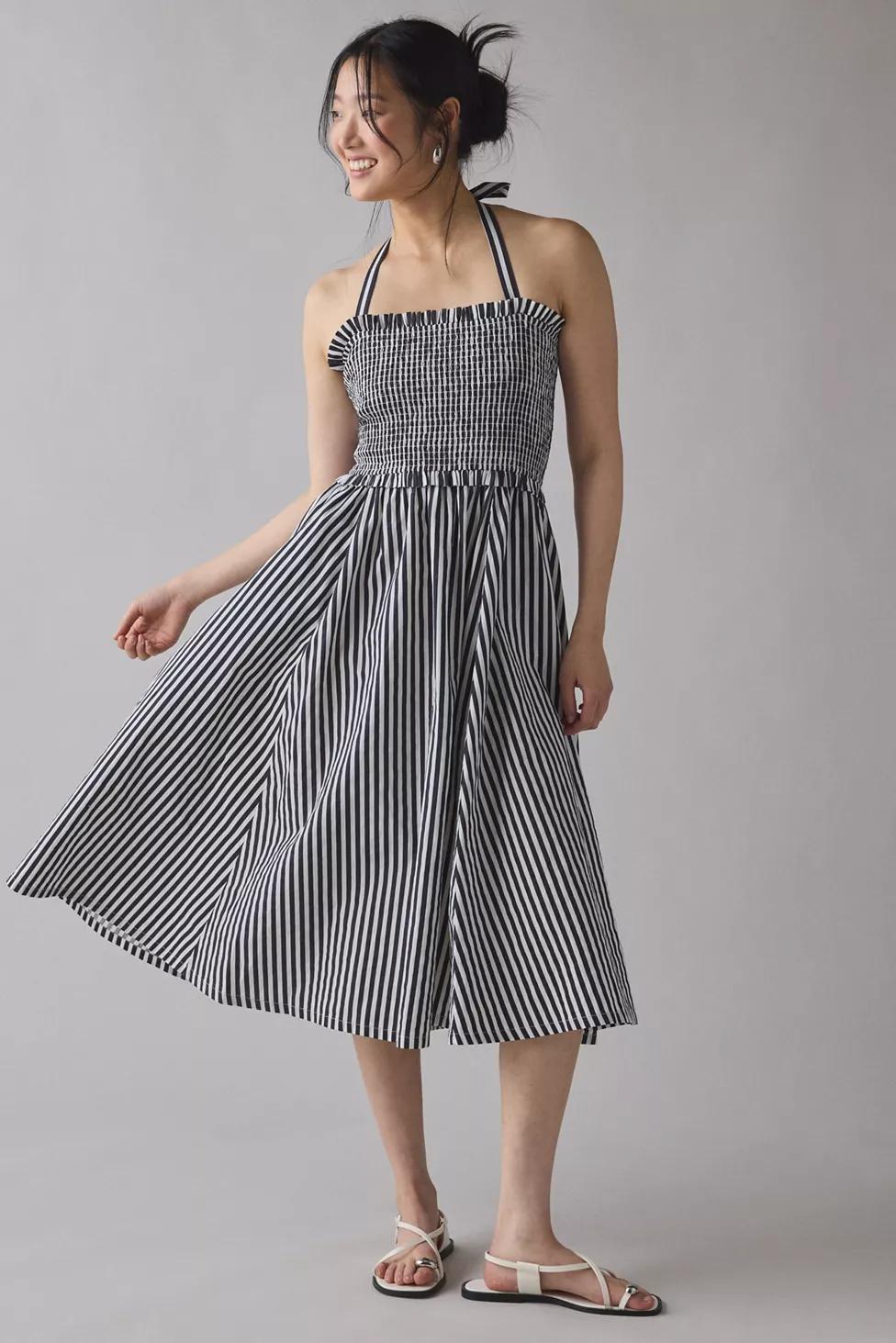 UO Retro Romance Striped Smocked Halter Midi Dress by URBAN OUTFITTERS