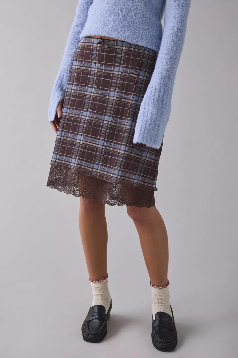 UO Suky Plaid Mesh Lace Trim Slip Midi Skirt by URBAN OUTFITTERS