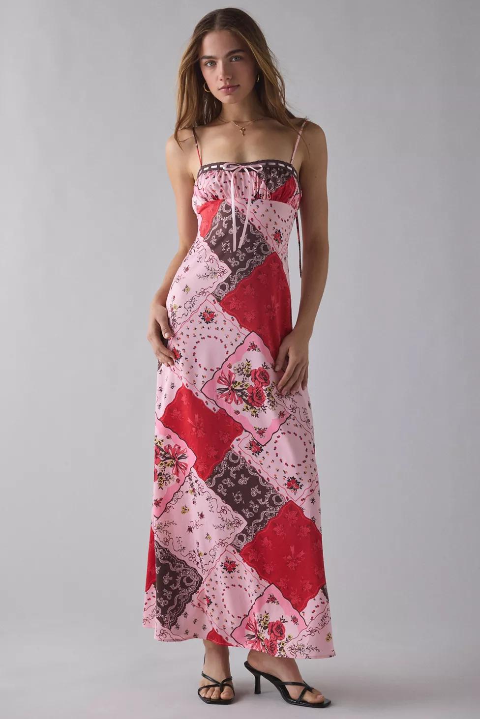 UO Tied With A Bow Lace + Ribbon Trim Satin Slip Maxi Dress by URBAN OUTFITTERS