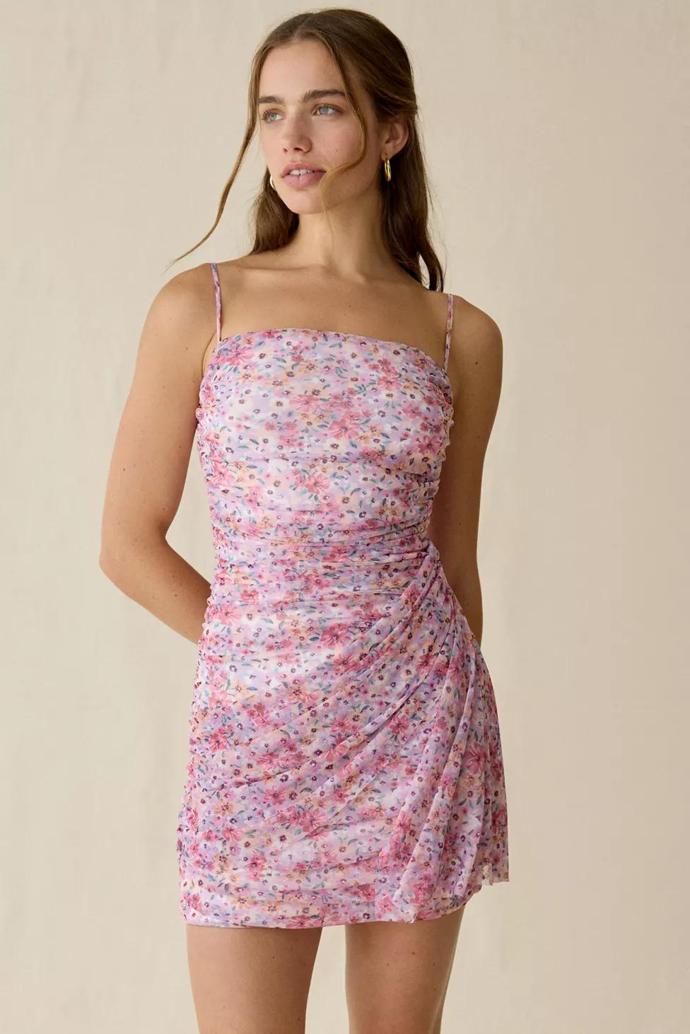 UO Whimsey Rose Floral Mesh Asymmetric Ruched Mini Dress by URBAN OUTFITTERS
