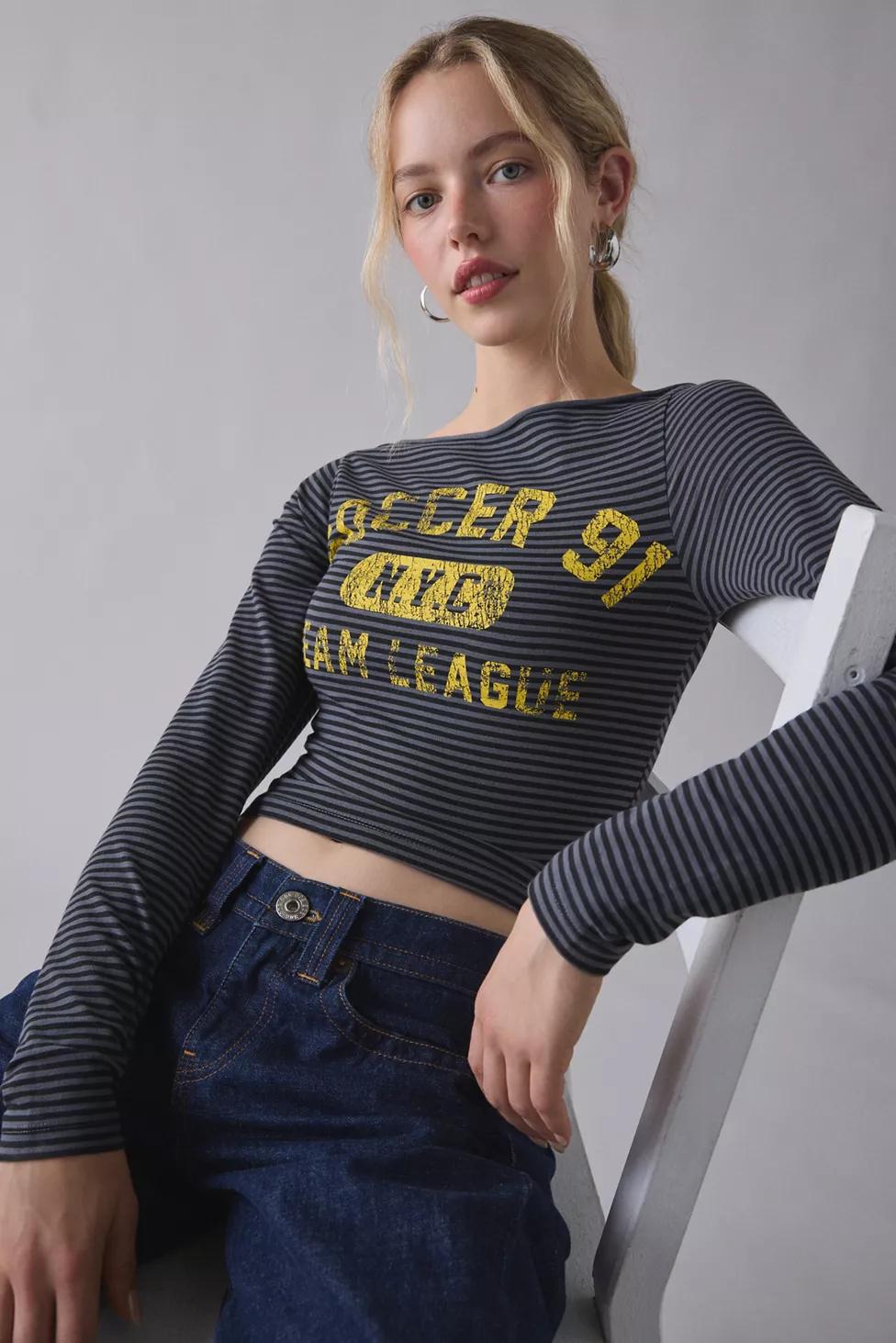 Varsity Sports Graphic Boatneck Long Sleeve Slim Tee by URBAN OUTFITTERS