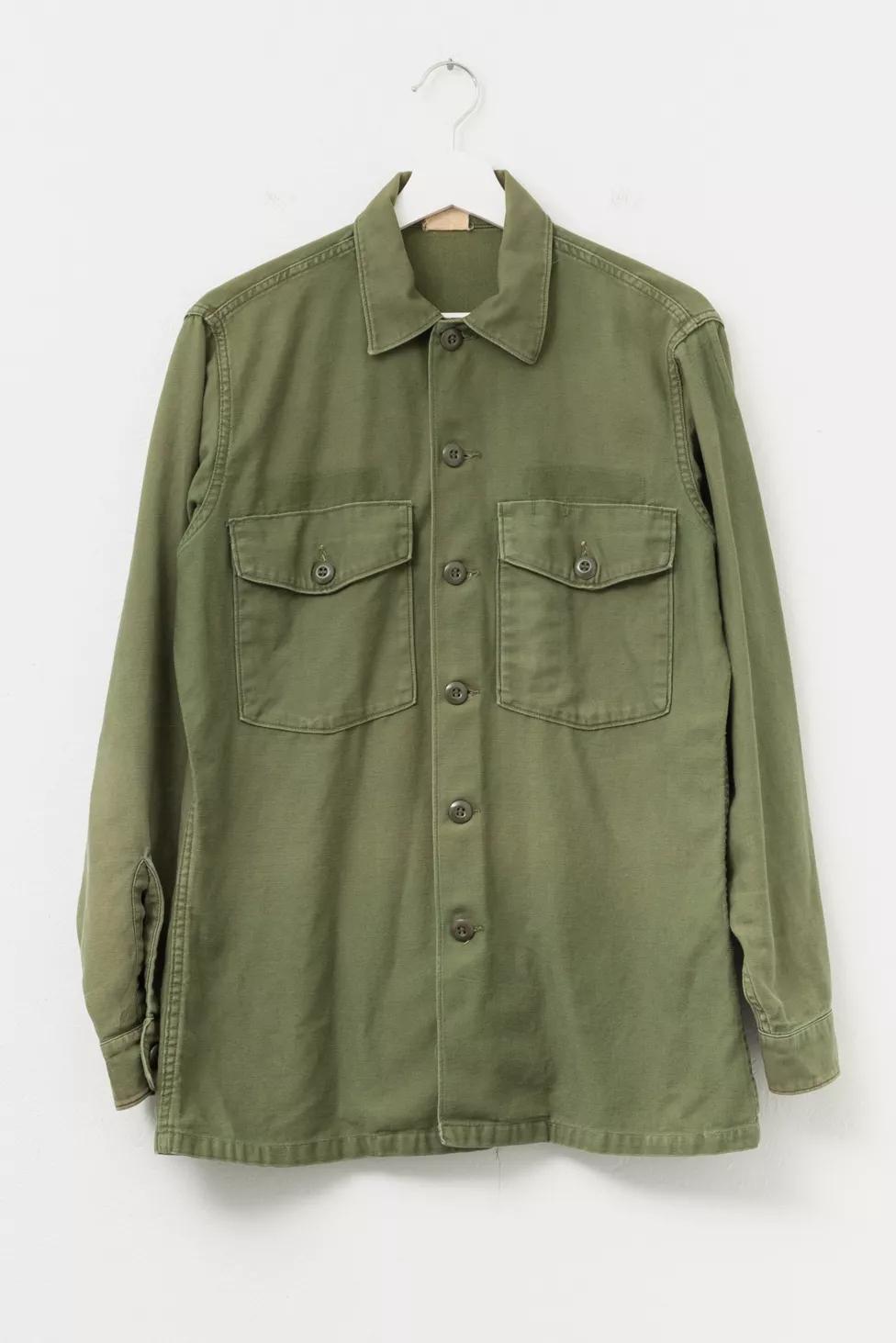 Vintage 1970s Distressed Cotton Sateen Green Button Up Work Shirt by URBAN OUTFITTERS