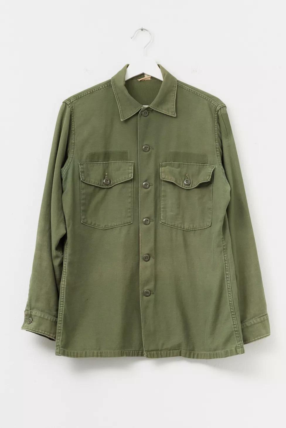 Vintage 1970s Distressed Green Sateen Cotton Button Up Work Shirt by URBAN OUTFITTERS