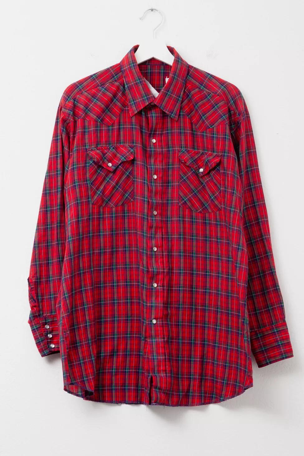 Vintage 1970s Distressed Red Plaid Pearl Button Western Shirt by URBAN OUTFITTERS